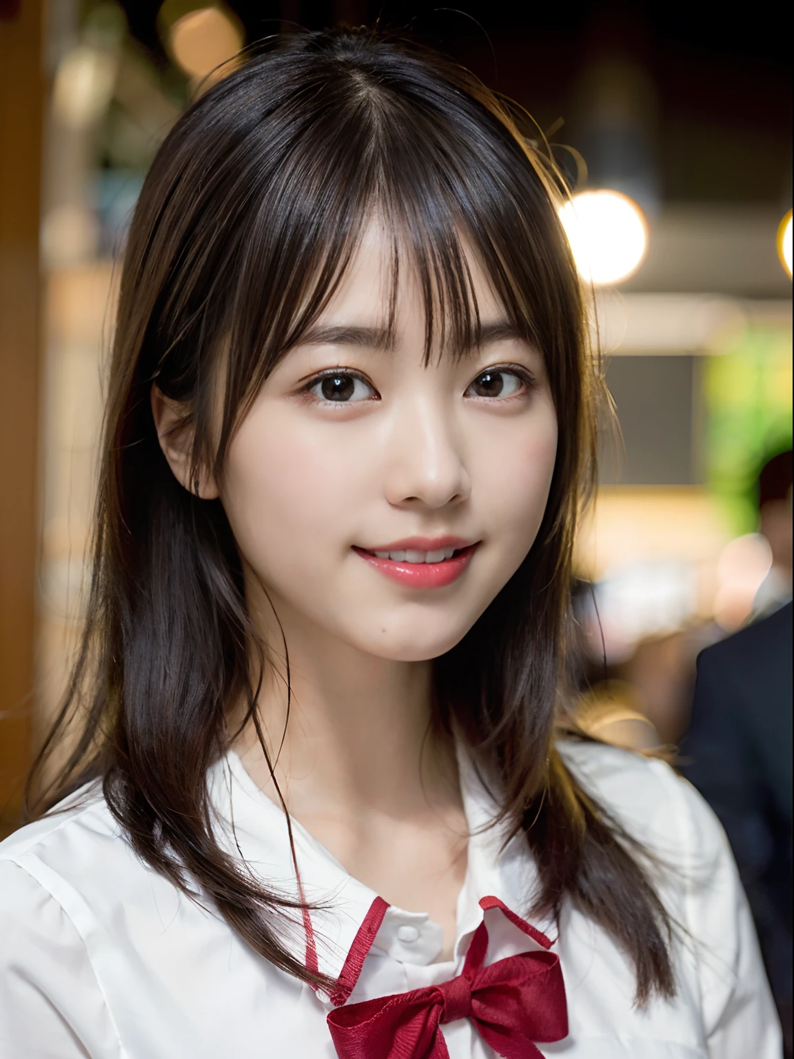 (8K、Raw photography、top-quality、masterpiece:1.2)、(realisitic、Photorealsitic:1.37)、ultra-detailliert、超A high resolution、(女の子1人:1.2)、see the beholder、beautifull detailed face、A smile、Constriction、(Slim waist) :1.3)、Beautiful detailed skin、Skin Texture、A dark-haired、Professional Lighting、Whole human body、Longhaire、japanese hight school uniform、hi-school girl、(School uniform with white blouse and red ribbon)、Plaid uniform skirt、Bob Hair、University、Happy smile、no-makeup、(hyper pretty face:1.5)、sixteen years old、(Nolip、Thin pink lips)、