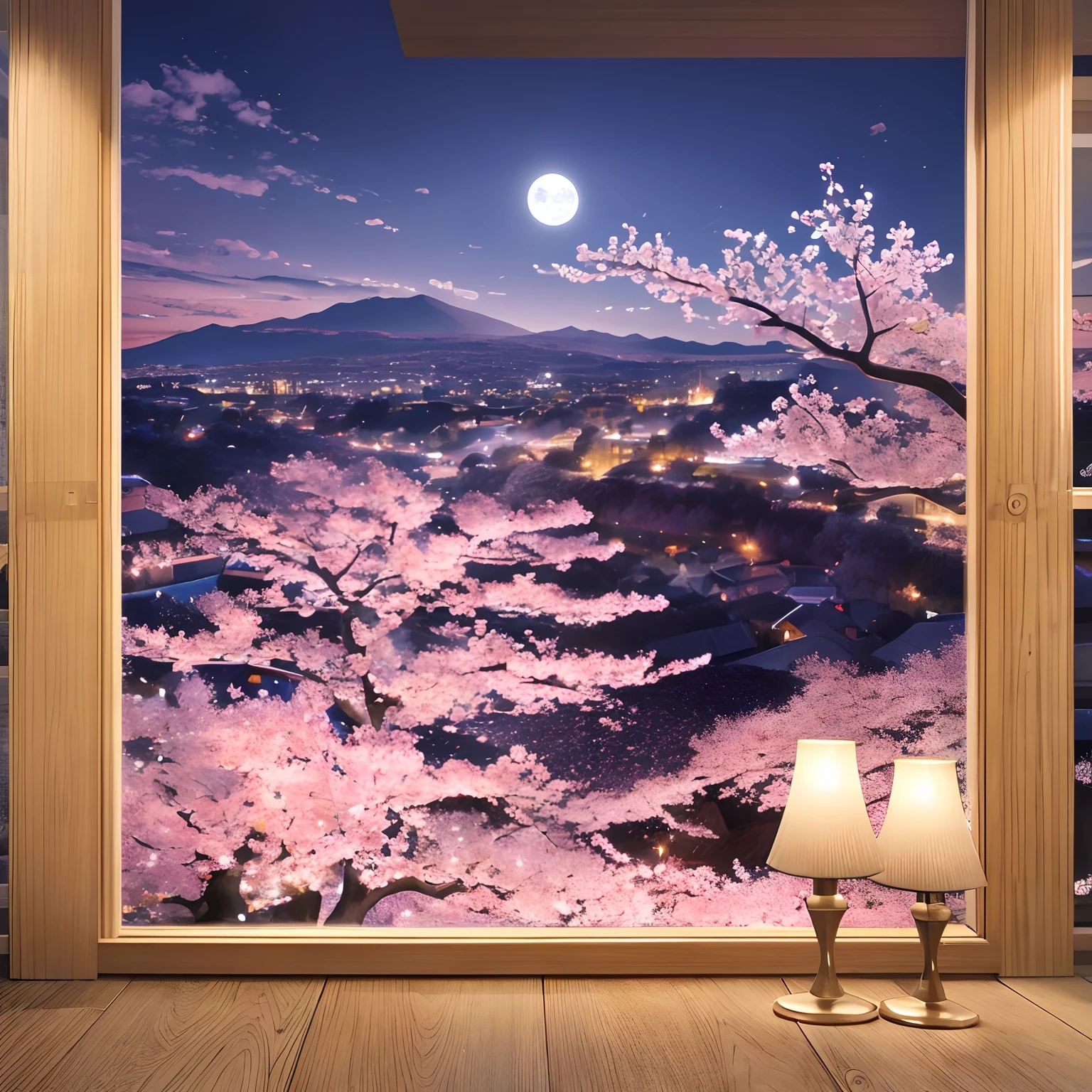 super high image, super detail, super high resolution, midnight, landscape painting, many lilies and cherry blossoms illuminated by moonlight on the hill of the town, delicate and detailed composition, professional lighting --auto
