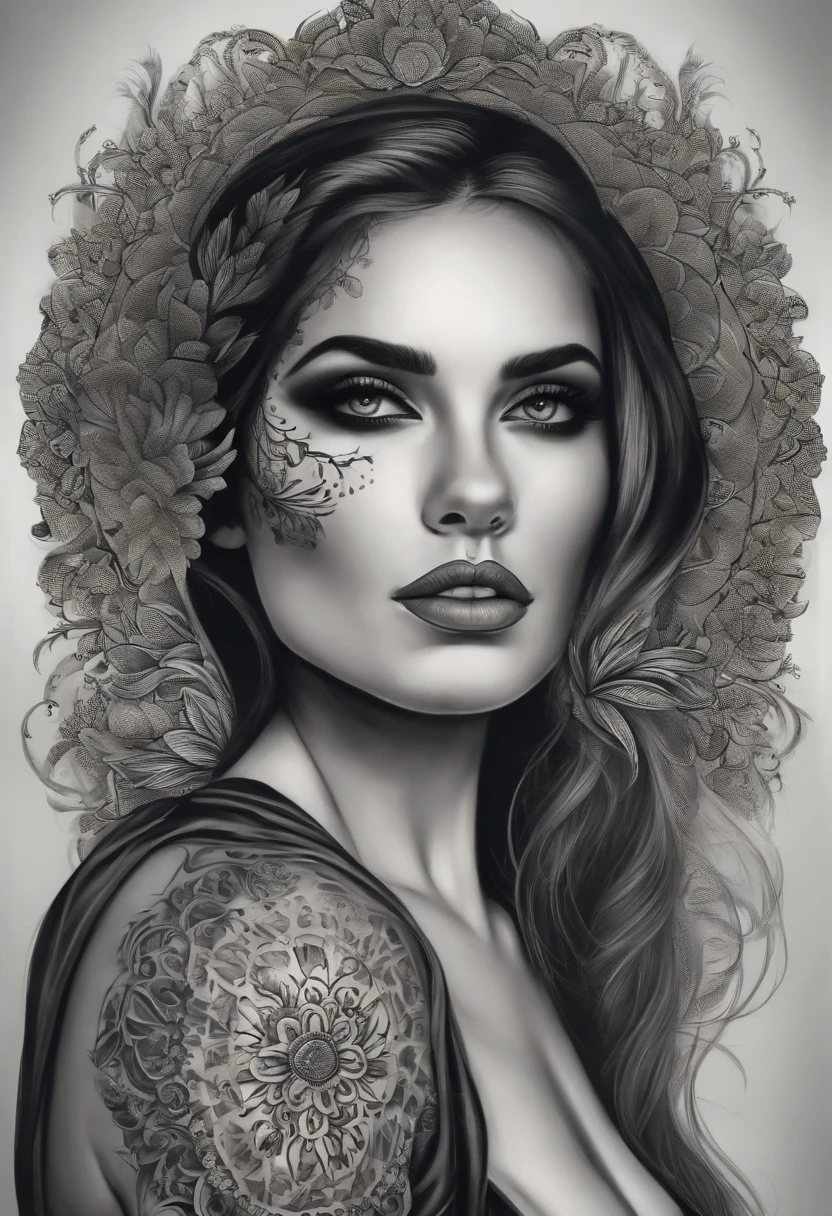 Desenho de tatuagem realista preto e cinza, estilo dotwork, rosto de mulher dentro de uma caveira