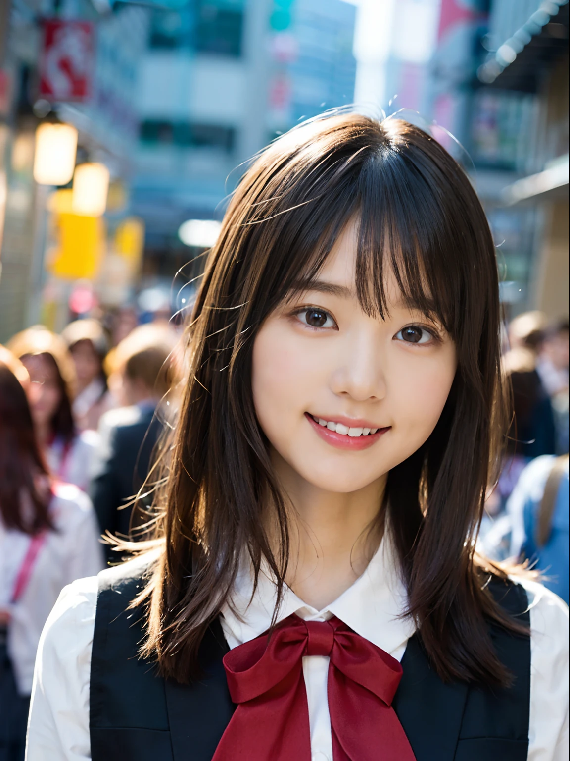 (8K、Raw photography、top-quality、masterpiece:1.2)、(realisitic、Photorealsitic:1.37)、ultra-detailliert、超A high resolution、(女の子1人:1.2)、see the beholder、beautifull detailed face、A smile、Constriction、(Slim waist) :1.3)、Beautiful detailed skin、Skin Texture、A dark-haired、Professional Lighting、Whole human body、Longhaire、japanese hight school uniform、hi-school girl、(School uniform with white blouse and red ribbon)、Plaid uniform skirt、Bob Hair、University、Happy smile、no-makeup、(hyper pretty face:1.5)、sixteen years old、(Nolip、Thin pink lips)、