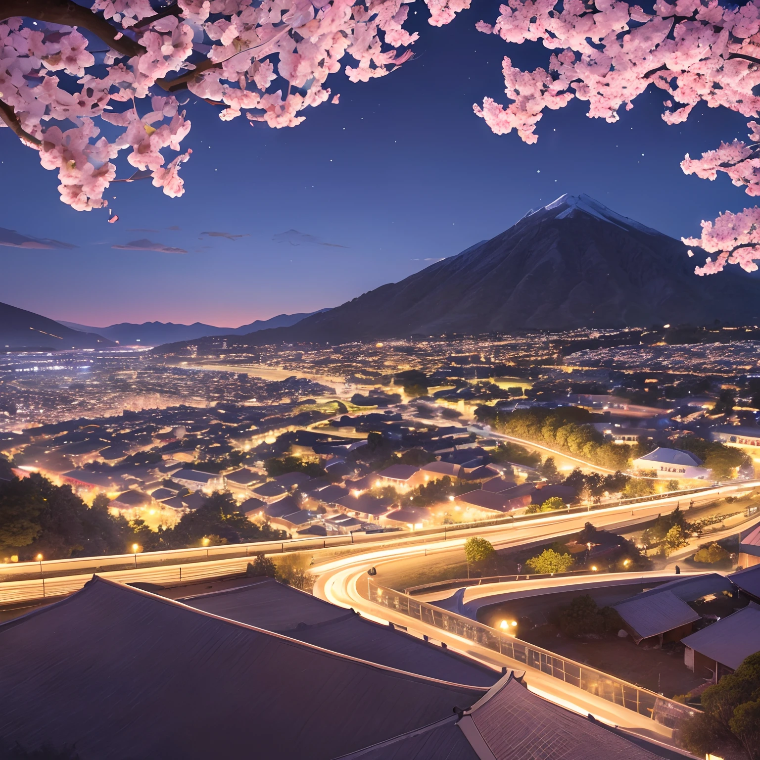 super high image, super detail, super high resolution, midnight, landscape painting, many lilies and cherry blossoms illuminated by moonlight on the hill of the town, delicate and detailed composition, professional lighting --auto
