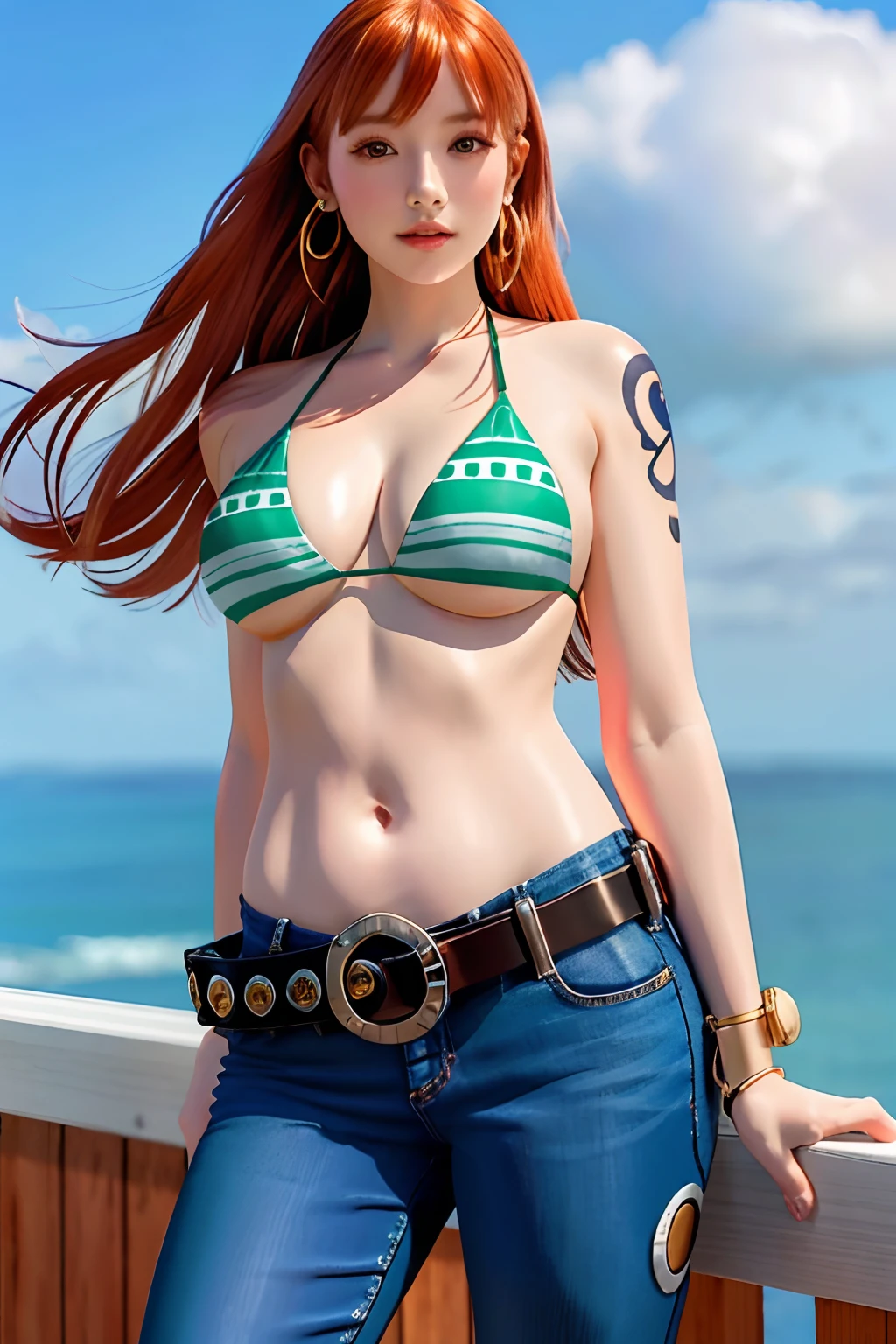 detailed background, masterpiece, best quality, 1girl, solo, nami \(one piece\), 1girl, bangle, bangs, bare shoulders, belt, bikini, bikini top only, blue sky, bracelet, breasts, brown eyes, bubble, cleavage, cloud, cowboy shot, day, denim, earrings, floating hair, green belt, green bikini, groin, jeans, jewelry, large breasts, log pose, long hair, looking at viewer, navel, orange hair, pants, shoulder tattoo, sidelocks, sky, smile, solo, standing, stomach, swimsuit, tattoo , looking at viewer