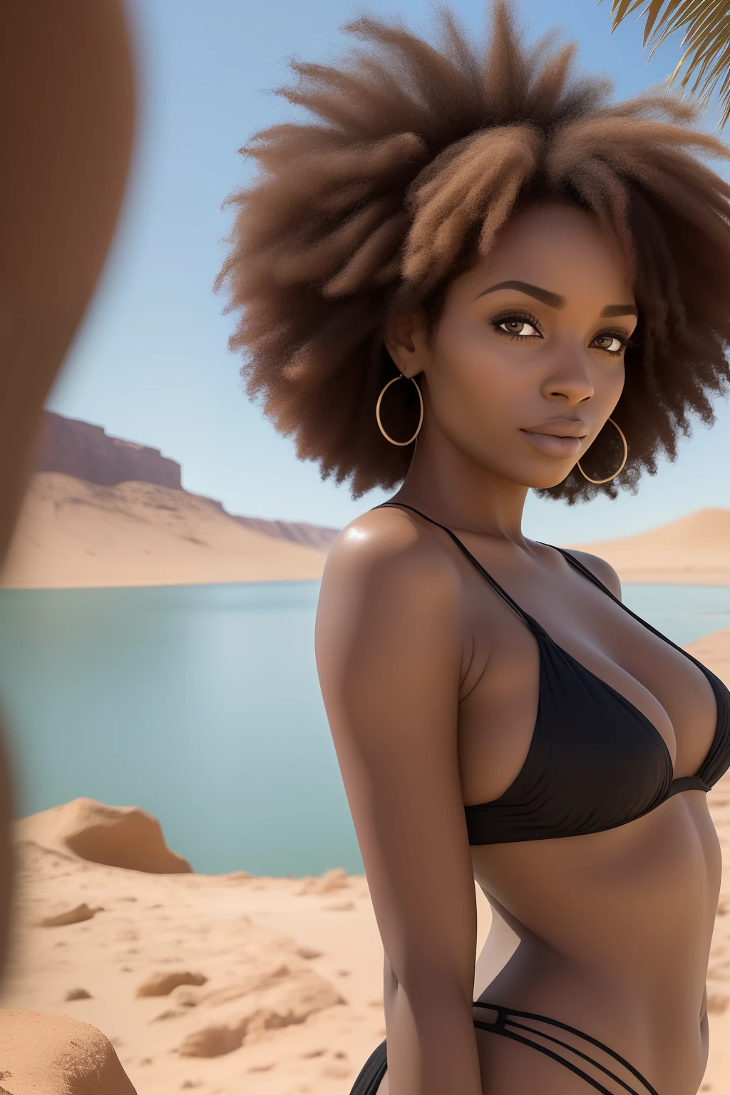 master part, mulher negra com rosto lindo, cabelos afro, seios redondos a mostra em frente a um lago no deserto