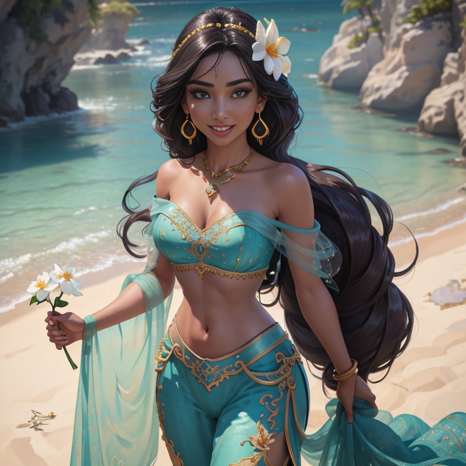 jasmine  1girl, solo, breasts, smile, open mouth, navel, holding, bare shoulders, jewelry, flower, earrings, midriff, pants, necklace, off shoulder, bracelet, see-through, white flower, gem, off-shoulder shirt, holding flower, multi-tied hair, arabian clothes (realistic:1.2), (realism), (masterpiece:1.2), (best quality), (ultra detailed), (8k, 4k, intricate),(full-body-shot:1), (85mm),light particles, lighting, (highly detailed:1.2),(detailed face:1.2), (gradients), sfw, colorful,(detailed eyes:1.2)(detailed background),detailed landscape, (dynamic angle:1.2), (dynamic pose:1.2), (rule of third_composition:1.3), (Line of action:1.2)