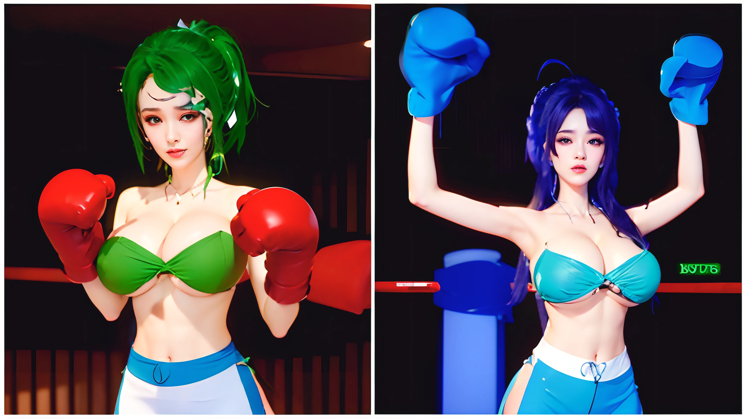 ((Unreal Engine 5)), Realistic Rendering, Excellent, (sexy skimpy bikini:1.3), looking on camera, (standing:1.8), beautiful face, makeup, CGImix, (photorealism:1.2), ultrarealistic uhd face, (huge soft boobs:1.5), (muscle abs:1.3), (big butt:1.3), (wide hips), (thick thighs), slim waist, hourglass figure, half body, ((glowing skin)), ((shiny skin)), Realistic body, ((she is sexy body)), ((clean skin)), photorealistic, bokeh, motion blur, masterpiece, highres, 1080P, super detail, textured skin. Boxing