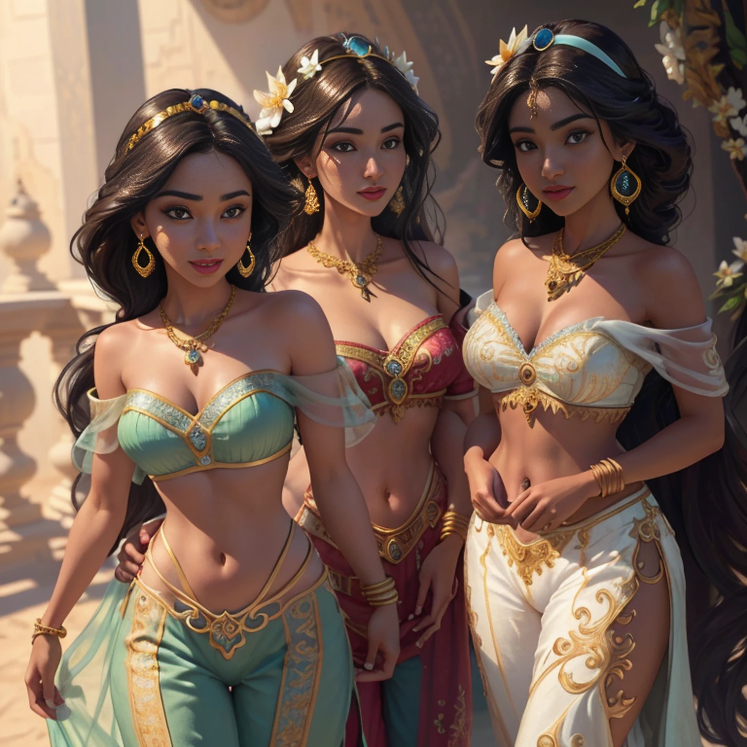 jasmine 1girl, solo, , smile, open mouth, navel, holding, bare shoulders, jewelry, flower, earrings, midriff, pants, necklace, off shoulder, bracelet, see-through, white flower, gem, off-shoulder shirt, holding flower, multi-tied hair, arabian clothes (realistic:1.2), (realism), (masterpiece:1.2), (best quality), (ultra detailed), (8k, 4k, intricate),(full-body-shot:1), (85mm),light particles, lighting, (highly detailed:1.2),(detailed face:1.2), (gradients), sfw, colorful,(detailed eyes:1.2)(detailed background),detailed landscape, (dynamic angle:1.2), (dynamic pose:1.2), (rule of third_composition:1.3), (Line of action:1.2)