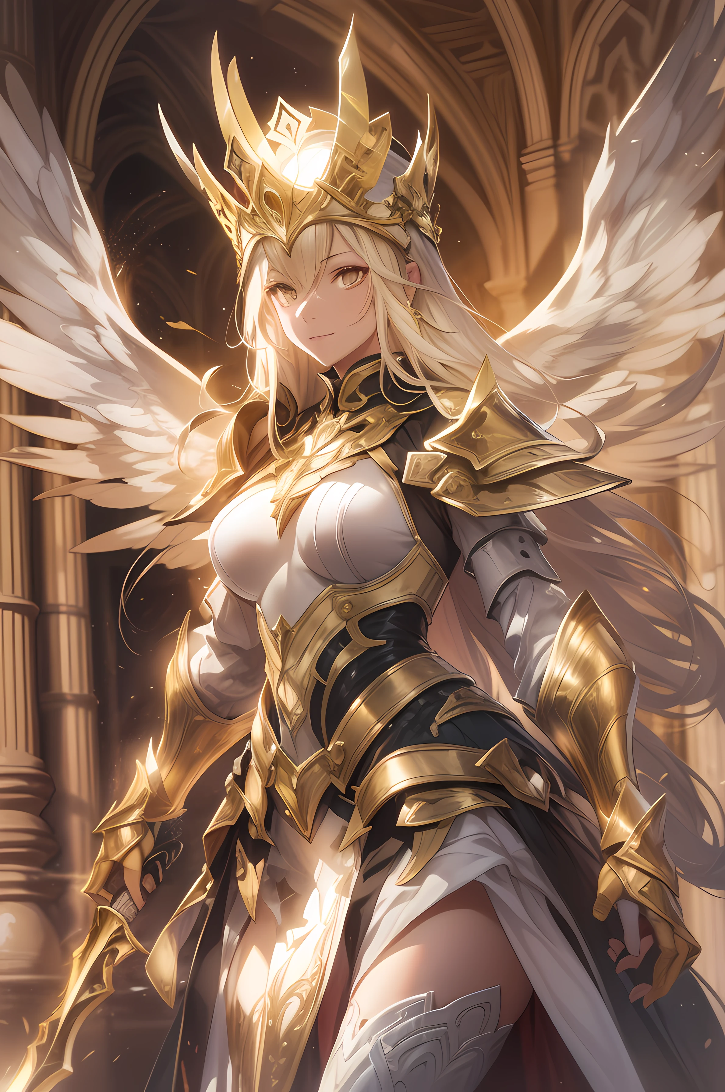 A beautiful Women, absurdres, ((full body armor, shining armor, knight leg armor, boot armor, Shining light knight )), ((holding a weapon)) , perfect body figure, blond color hair, wavely hairstyle, light magic, light manipulation, light power, lightbeam attacks, aura of warmth, gentle expression, smile, very big breast, very big ass, age 39, middle age, photo manipulation, altered realities, fantastical scenes, digital artistry, creative editing, evocative narratives, striking visuals , kinetic art, moving sculptures, mechanical creations, interactive installations, dynamic motion, engineering ingenuity, captivating visuals, ((Highest quality)), ((outstanding detail)), ((super high resolution: 3.5)), (fidelity: 1.4), ((best illustration, favor details, perfect detail rendering, ultra HD, masterpiece, ultra high res)), (photorealistic:1.5), raw photo, perfect brightness and darkness, light ray, perfect balance, smooth color transition, full body frame, shining light, black and gold color armor, light body aura, light coat, Full detail armor design, crown, shining eyes, golden eyes, mature, perfect color layer, pose, domineering, golden scarf, royalty, majestic, day, Empress, wind blowing, breeze, perfect color blur, calm, perfect lighting, shining light color crown, golden color mantle, halo golden light, movement motion, wings made from the lights