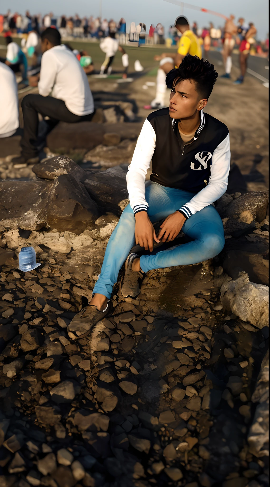 15 year old boy, in track outfit, outside on track field, ((slim, petite)), photorealistic, photo, masterpiece, realistic, realism, photorealism, high contrast, photorealistic digital art trending on Artstation 8k HD high definition detailed realistic, detailed, skin texture, hyper detailed, realistic skin texture, armature, best quality, ultra high res, (photorealistic:1.4),, high resolution, detailed, raw photo, sharp re, by lee jeffries nikon d850 film stock photograph 4 kodak portra 400 camera f1.6 lens rich colors hyper realistic lifelike texture dramatic lighting unrealengine trending on artstation cinestill 800,