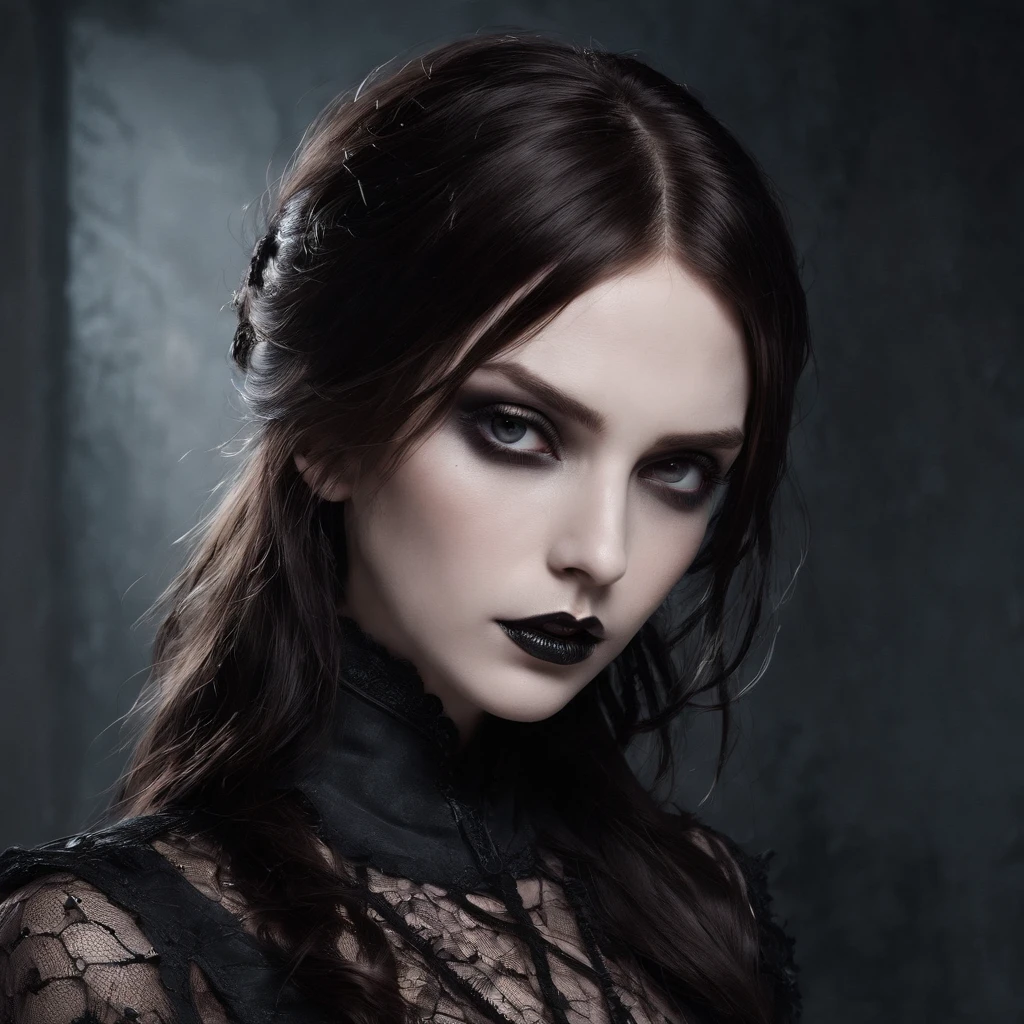 (best quality,highres,masterpiece:1.2),ultra-detailed,(realistic:1.37),portrait,dark attire,girl with symbolic gothic attire, intricate details,expressive eyes,pale skin,black lipstick,long flowing brown hair with hints of gray at the ends,barbed wire wrapped around the body,gothic jewelry,dramatic lighting,haunting background,heavy contrast,deep shadows,ethereal atmosphere.