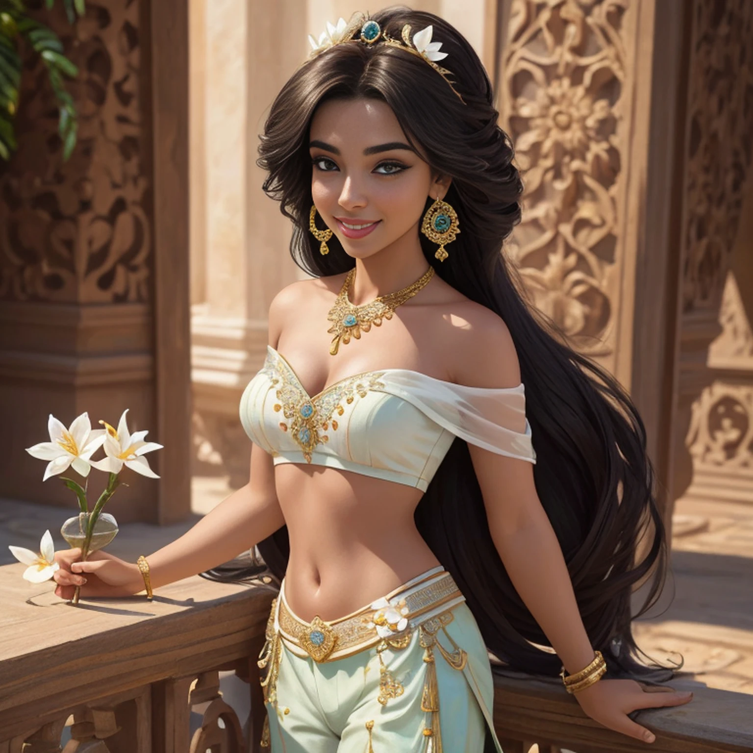 jasmine 1girl, solo, breasts, smile, open mouth, navel, holding, bare shoulders, jewelry, flower, earrings, midriff, pants, necklace, off shoulder, bracelet, see-through, white flower, yolk, off-shoulder shirt, holding flower, multi-tied hair, arabic clothes (realistic: 1.2), (realism), (masterpiece: 1.2), (best quality), (ultra detailed), (8k, 4k, intricate), (full-body-shot:1), (85mm), light particles, lighting, (highly detailed: 1.2), (detailed face:  1.2), (gradients), sfw, colorful,(detailed eyes:1.2)(detailed background),detailed landscape, (dynamic angle:1.2), (dynamic pose:1.2), (rule of third_composition:1.3), (line of action:1.2)