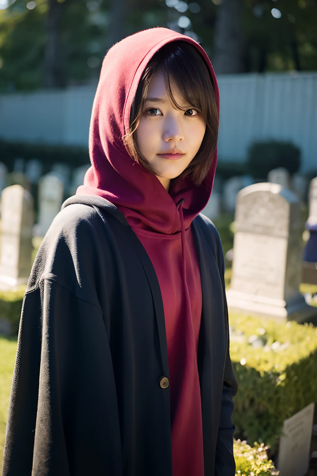 Cute hooded Grim Reaper shrouded in dark mist,Wielding a scythe,Emerge from the swirling shadows.Stand in the Cemetery of Forgotten Souls.(light brown and red striped hair,,,,:1.3,),Perfect face,Proper body proportion,masutepiece,Super high-quality output images,超A high resolution,Intricate details,Extremely delicate and beautiful,photographrealistic,Dreamy,Professional Lighting,realistic shadow,Solo Focus,Beautiful hands,Beautiful fingers,