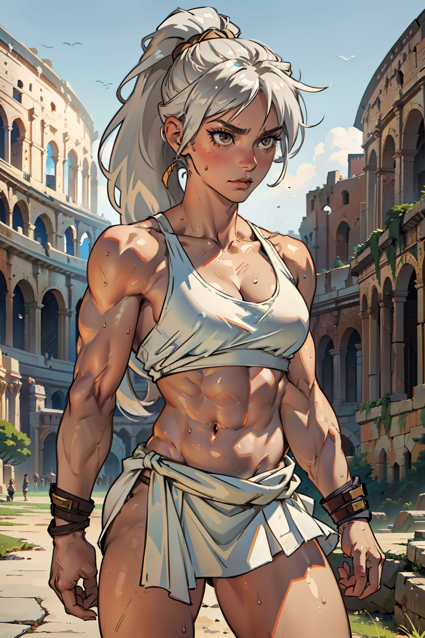 1 girl, (((muscular))), ponytail, toned body, silver hair, brown eyes, perky breasts, long hair, navel, thick thighs, sweaty, pale skin, toga, riven, Colosseum