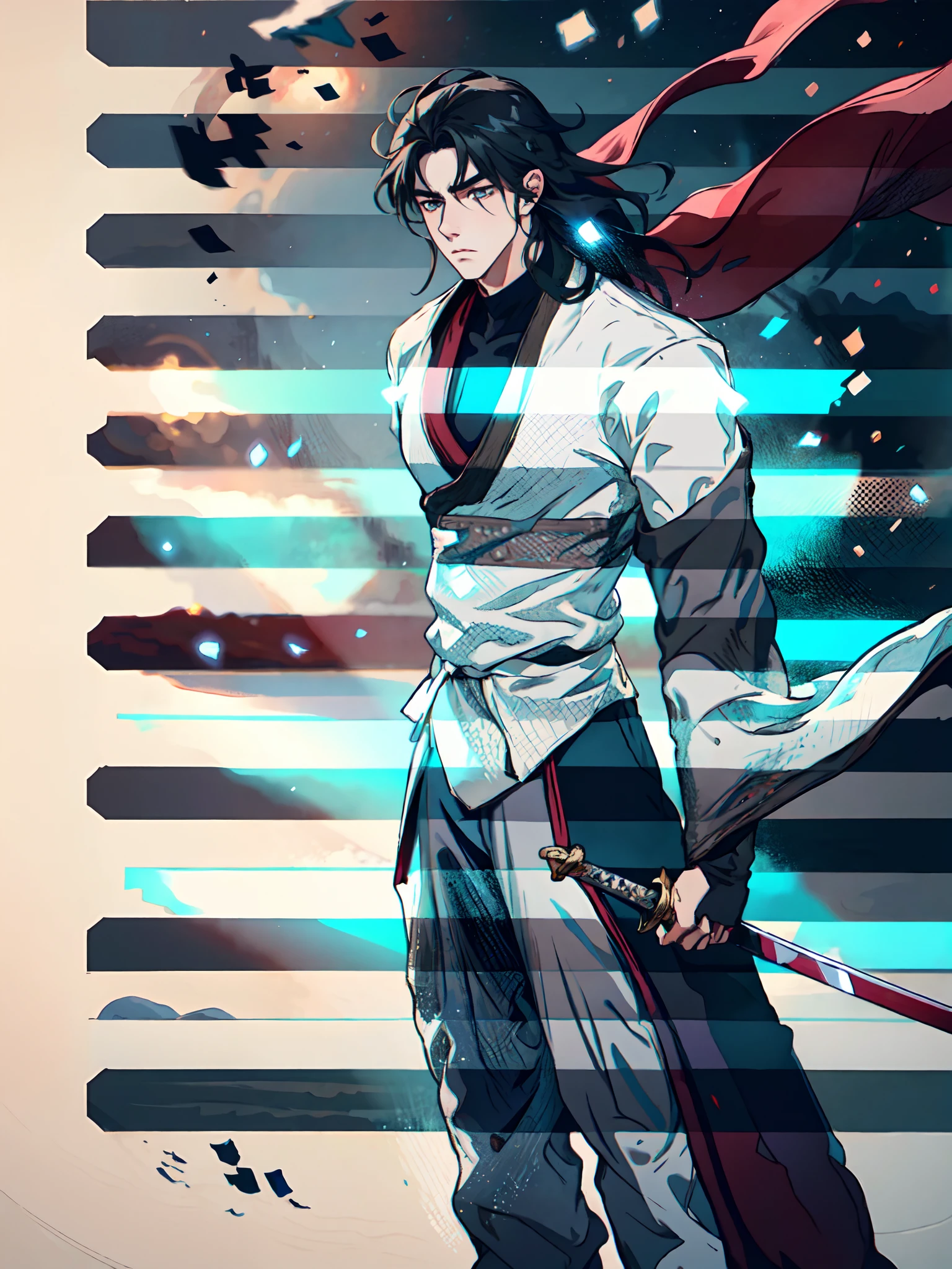 A young man with long hair, half-black and half-white long hair, hlfcol haired, black and white hair, sharp eyes, a confident expression, a heroic countenance, he wears a flowing two-piece martial arts-style robe, matching loose trousers, holding a slender sword in his left hand, the night sky, standing amidst a snowy mountain landscape, snowflakes falling all around, this character embodies a finely crafted Chinese swordsman design in anime style, characterized by a sophisticated and mature manga illustration art style, high definition, best quality, highres, ultra-detailed, ultra-fine painting, extremely delicate, professional, anatomically correct, symmetrical face, extremely detailed eyes and face, high quality eyes, creativity, RAW photo, UHD, 8k, Natural light, cinematic lighting, masterpiece:1.5