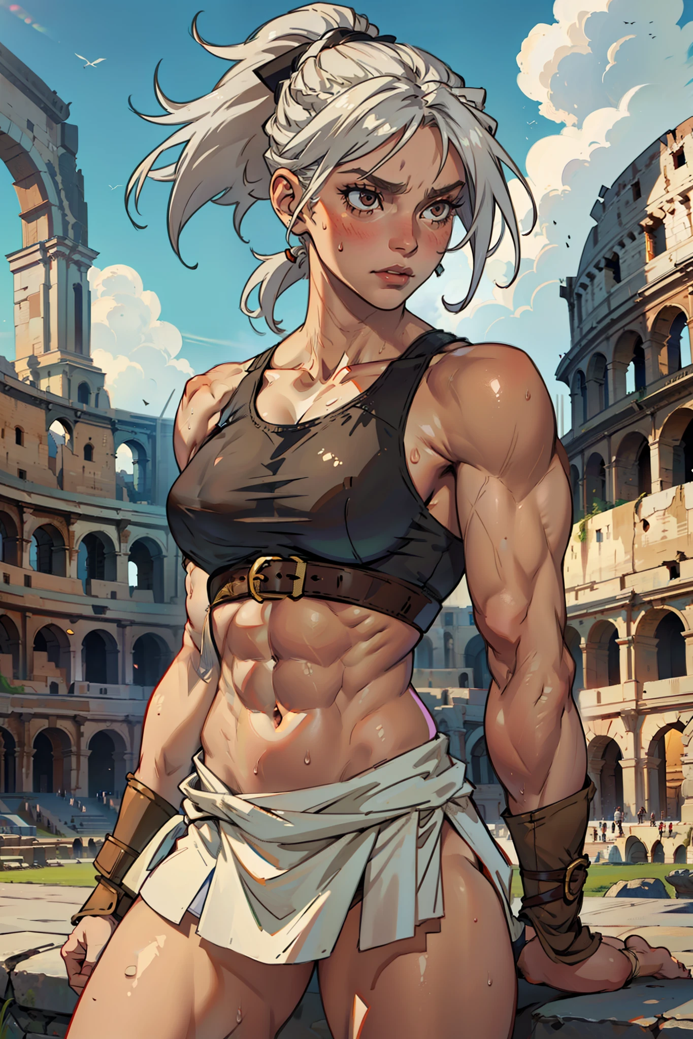 1 girl, (((muscular))), ponytail, toned body, silver hair, brown eyes, perky breasts, long hair, navel, thick thighs, sweaty, pale skin, toga, riven, Colosseum