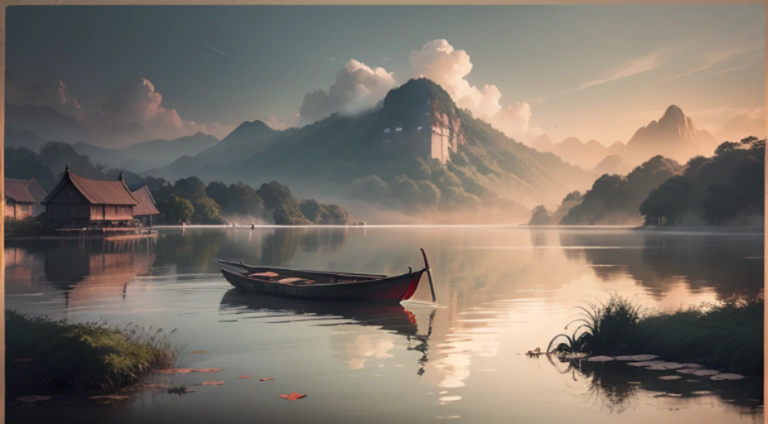 muted chinese ink painting, muted colors, rice paper texture, splash paint, Ninh Binh town, boat, red sun, Old cottage. Lakeside. Morning light. Clouds wet to wet techniques.