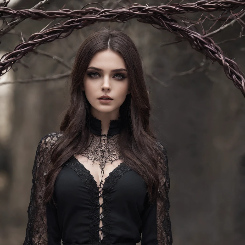 (best quality,highres,ultra-detailed),dark and mysterious girl com olhos castanhos e with symbolic Gothic outfits,barbed wire covering her body,dark long brown hair,gray strands at the ends,portraits,sharp focus,professional,bokeh,dramatic lighting,dark and moody color palette