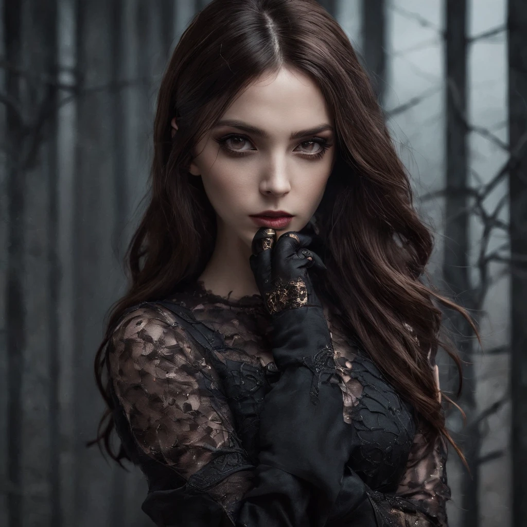 (best quality,highres,ultra-detailed),dark and mysterious girl com olhos castanhos e with symbolic Gothic outfits,barbed wire covering her body,dark long brown hair,gray strands at the ends,portraits,sharp focus,professional,bokeh,dramatic lighting,dark and moody color palette