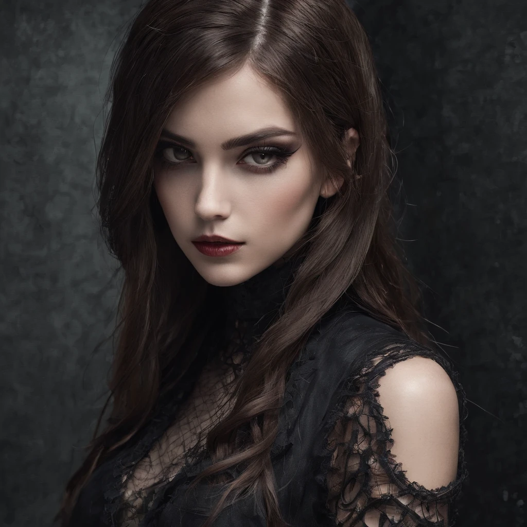 (best quality,highres,ultra-detailed),dark and mysterious girl com olhos castanhos e with symbolic Gothic outfits,barbed wire covering her body,dark long brown hair,gray strands at the ends,portraits,sharp focus,professional,bokeh,dramatic lighting,dark and moody color palette