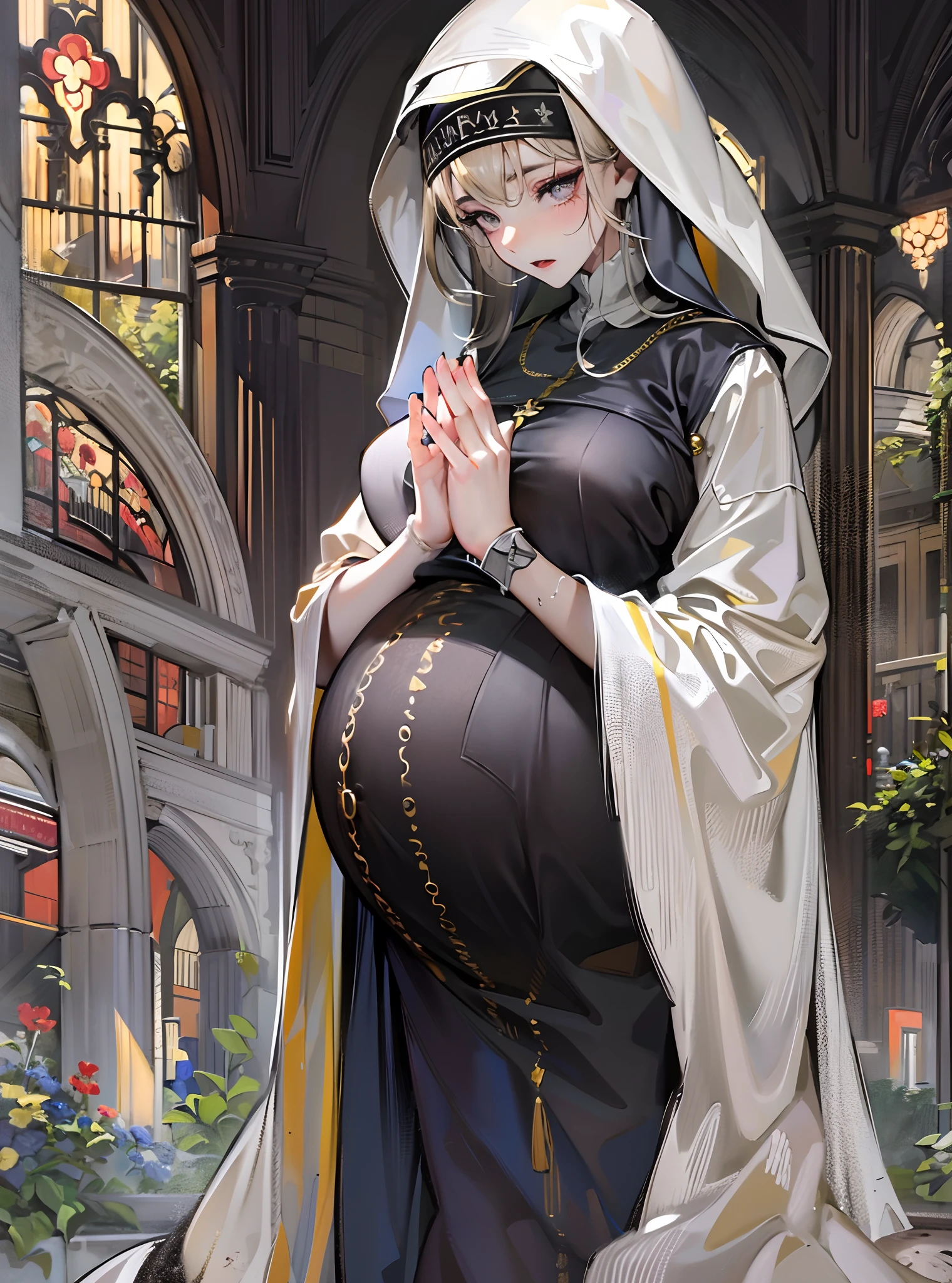 ((tmasterpiece))，(Best quality at best)，(A half body)，(ultra intricately detailed)，(Highest definition)，(8K)，(Clean lines)，(Perfect facial features，Perfect flesh)，(offcial art)，1girll，lewd nun，chies，European people，(Pregnant women with)，((super gigantic breasts))，Kneel on the ground and pray，paleskin，kindliness，Nun dress，drenched clothes