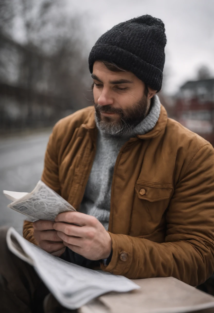 man reading a little paper and smiling curiously, has dark messy hair, has his head down while reading, wears winter attire, pixar animation style, watercolor, art season trend, sharp focus, studio photo, intricate details, highly detailed by greg rutkowski