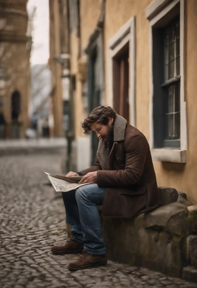 man reading a little paper and smiling curiously, has dark messy hair, has his head down while reading, wears winter attire, pixar animation style, watercolor, art season trend, sharp focus, studio photo, intricate details, highly detailed by greg rutkowski