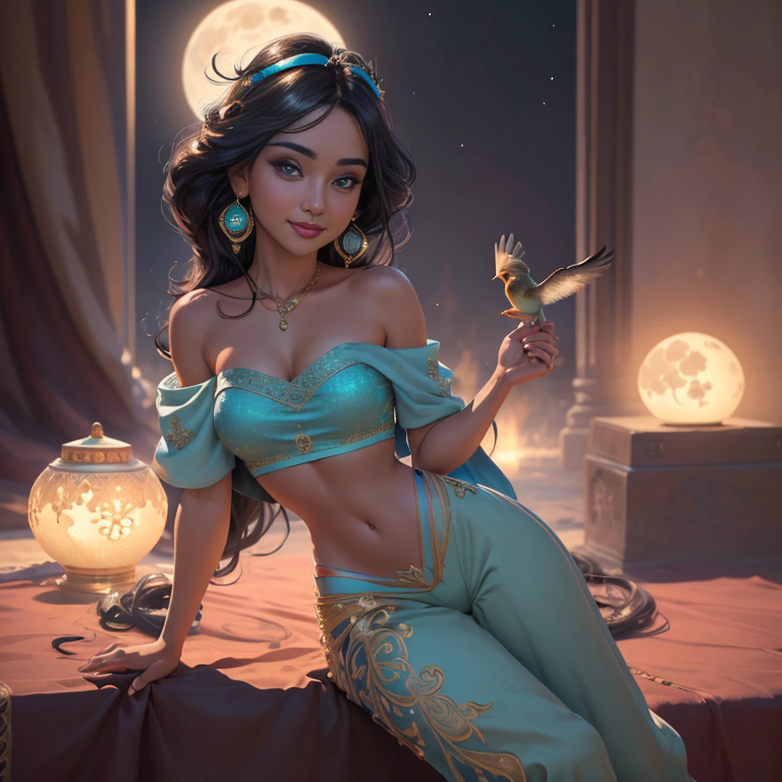 jasmine 1girl, solo, looking at viewer, smile, shirt, bare shoulders, jewelry, sitting, full body, flower, earrings, pants, off shoulder, crop top, makeup, bird, border, moon, full moon, off-shoulder shirt (realistic:1.2), (realism), (masterpiece:1.2), (best quality), (ultra detailed), (8k, 4k, intricate),(full-body-shot:1), (85mm),light particles, lighting, (highly detailed:1.2),(detailed face:1.2), (gradients), sfw, colorful,(detailed eyes:1.2)(detailed background),detailed landscape, (dynamic angle:1.2), (dynamic pose:1.2), (rule of third_composition:1.3), (Line of action:1.2)