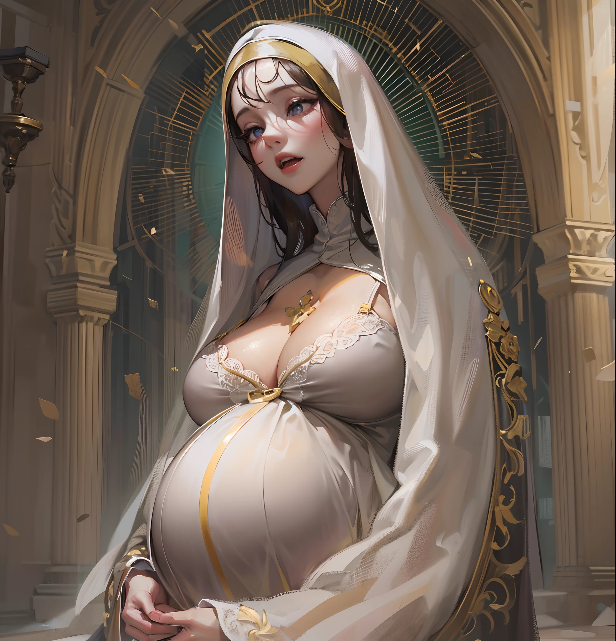 ((tmasterpiece))，(Best quality at best)，(A half body)，(ultra intricately detailed)，(Highest definition)，(8K)，(Clean lines)，(Perfect facial features，Perfect flesh)，(offcial art)，1girll，lewd nun，chies，European people，(Pregnant women with)，((super gigantic breasts))，Kneel on the ground and pray，paleskin，kindliness，Nun dress，drenched clothes，Back to huge hips，mortified