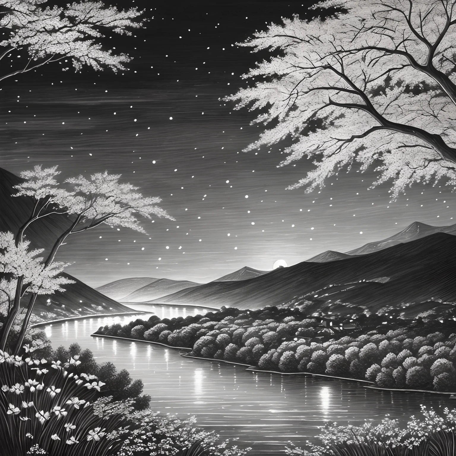 super high image, super detail, super high resolution, midnight, many lilies and cherry blossoms illuminated by moonlight on the hill of the town, landscape painting, pencil drawing art, monochrome, delicate and detailed composition, professional lighting