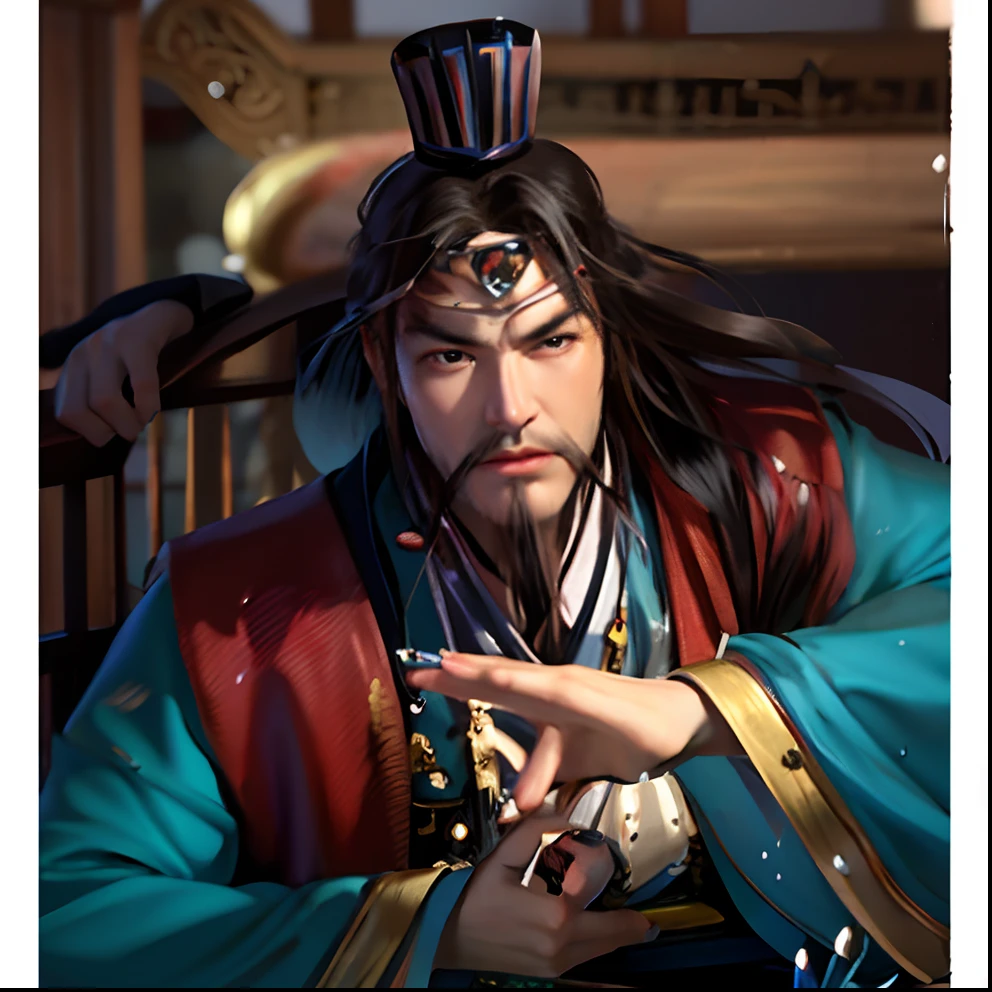 Close up portrait of a man with a hat on his head, guanyu, bian lian, inspired by Wu Daozi, inspired by Wu Bin, inspired by Hu Zaobin, chinese three kingdoms, from three kingdoms, heise jinyao, Inspired by Cao Zhibai, inspired by Li Kan, xianxia hero, inspired by Xuande Emperor