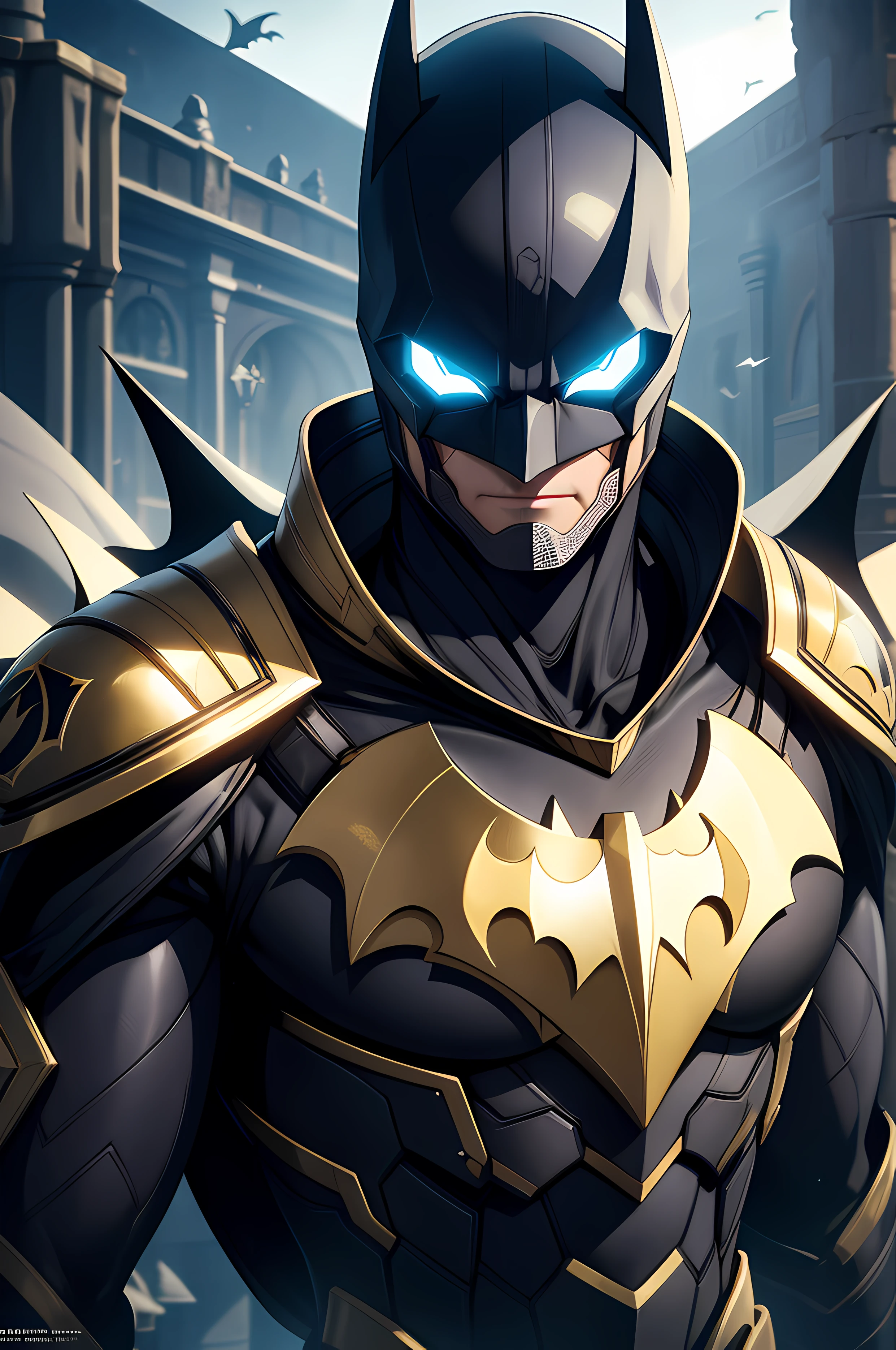 futuristik batman with armour made from metallic gold, skull gin, diamond gold robe,sharp lense, professional photographie, 70mm lense, detail love, good quality, unreal engine 5, wallpaper, colerful, highly detailed, 8k, soft light, fantasy, photo realistic