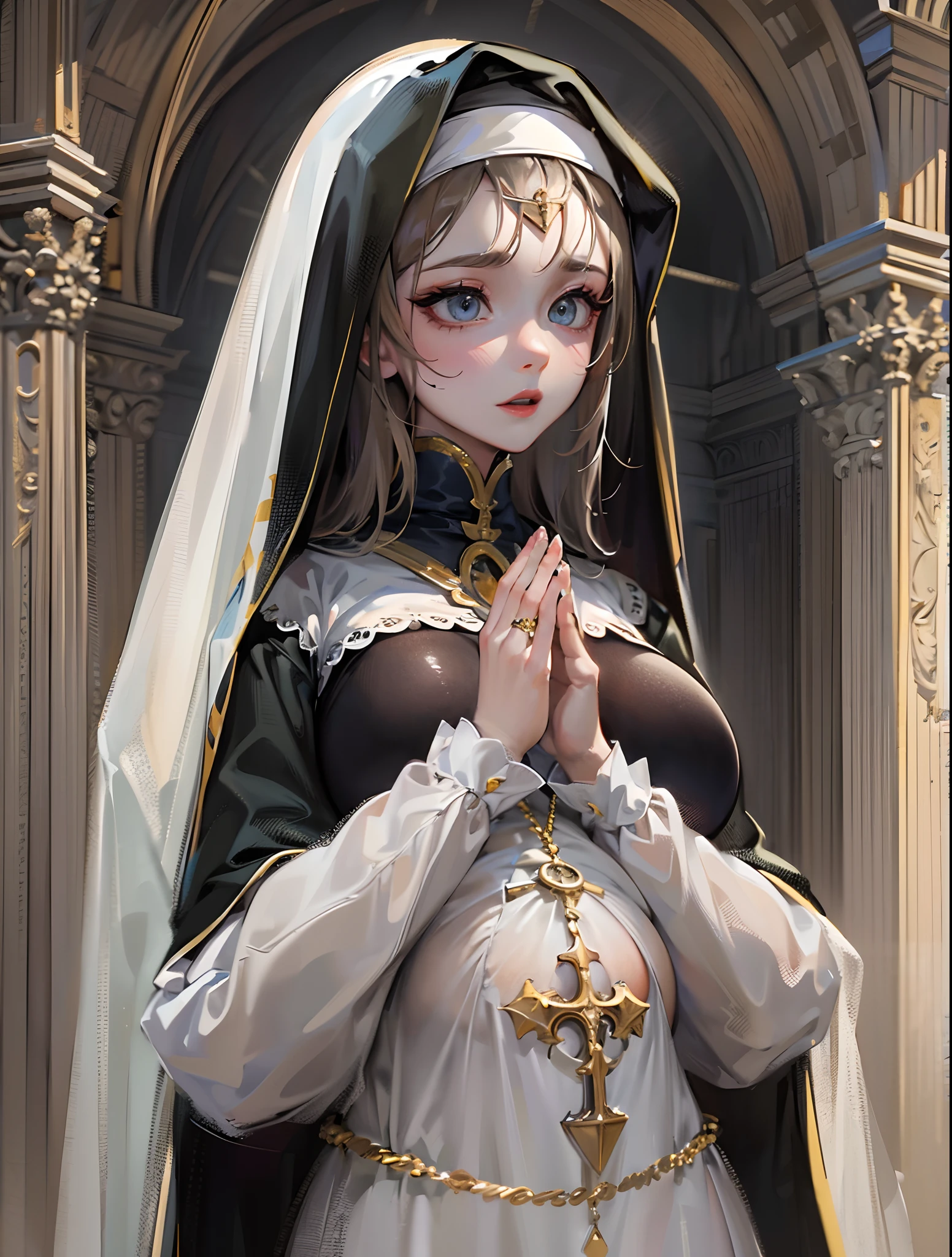 ((tmasterpiece))，(Best quality at best)，(A half body)，(ultra intricately detailed)，(Highest definition)，(8K)，(Clean lines)，(Perfect facial features，Perfect flesh)，(offcial art)，1girll，lewd nun，chies，(Pregnant women with)，((super gigantic breasts))，Kneel on the ground and pray，paleskin，kindliness，Nun dress，drenched clothes，gigantic hip，An expression of shame，sinner