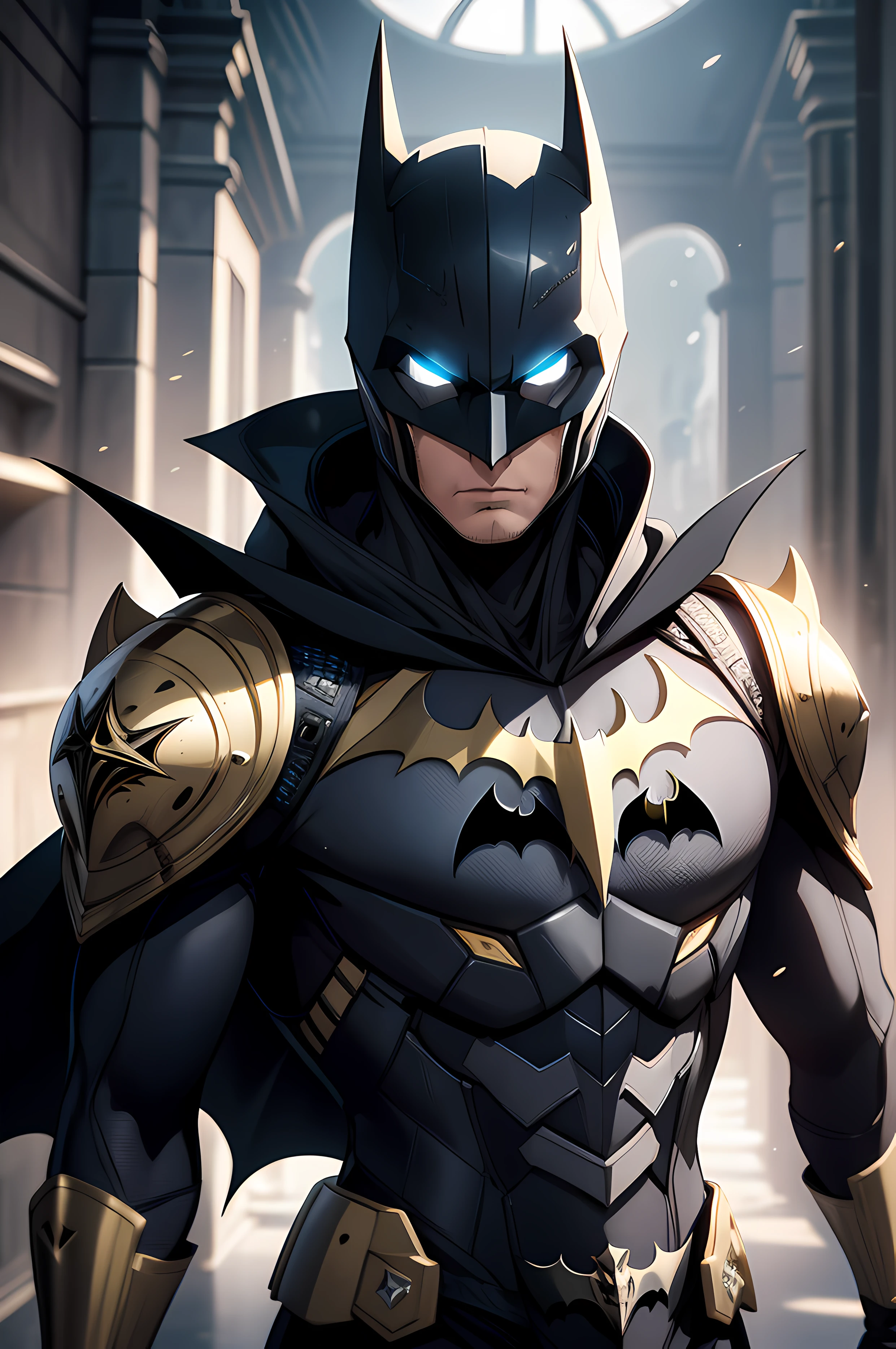 futuristik batman with armour made from metallic gold, skull gin, diamond gold robe,sharp lense, professional photographie, 70mm lense, detail love, good quality, unreal engine 5, wallpaper, colerful, highly detailed, 8k, soft light, fantasy, photo realistic