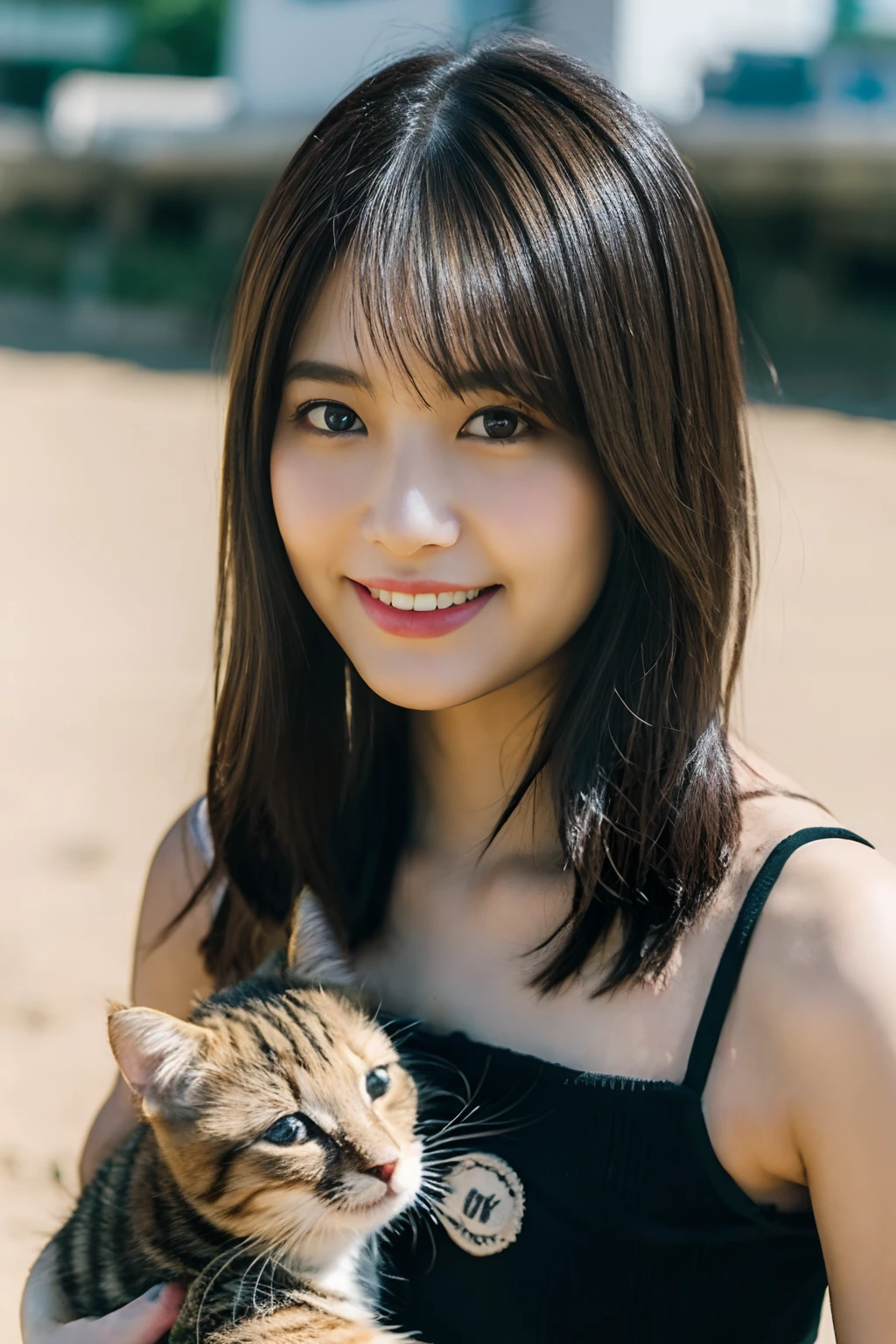 Japan mature woman.Nice round face、Pretty cheerful smile、、Gently hold the kitten on the chest、Kitten sitting on your lap、Open chest clothing without shoulder straps、Cargo pants、Shiny brown hair、huge-breasted、Attractive dynamic sexy pose sitting on seaside sandy beach、Whole human body、Look at viewers、Sun'rays、Cinematic Light、depth of fields、top-quality、