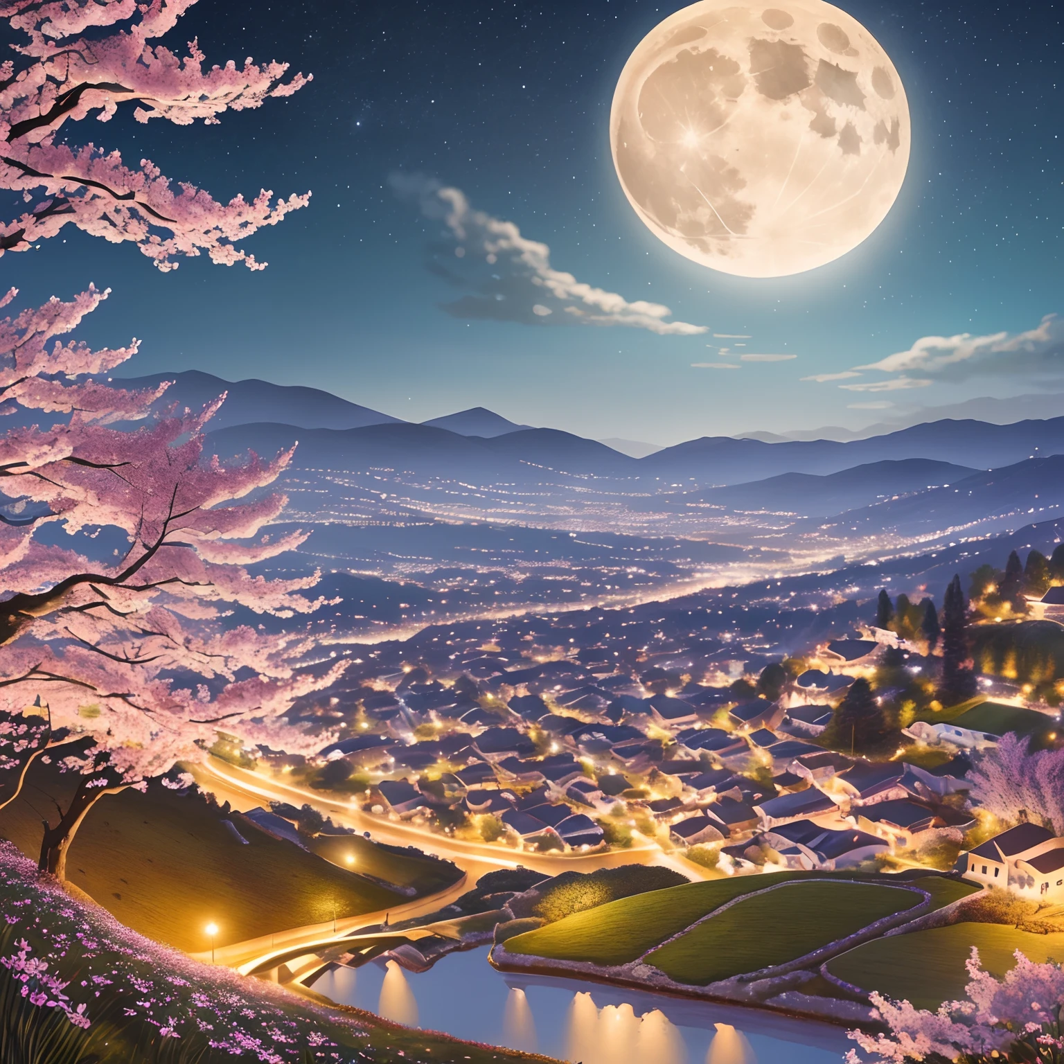 super high image, super detail, super high resolution, midnight, many lilies and cherry blossoms illuminated by moonlight on the hill of the town, landscape painting, delicate and detailed composition, professional lighting