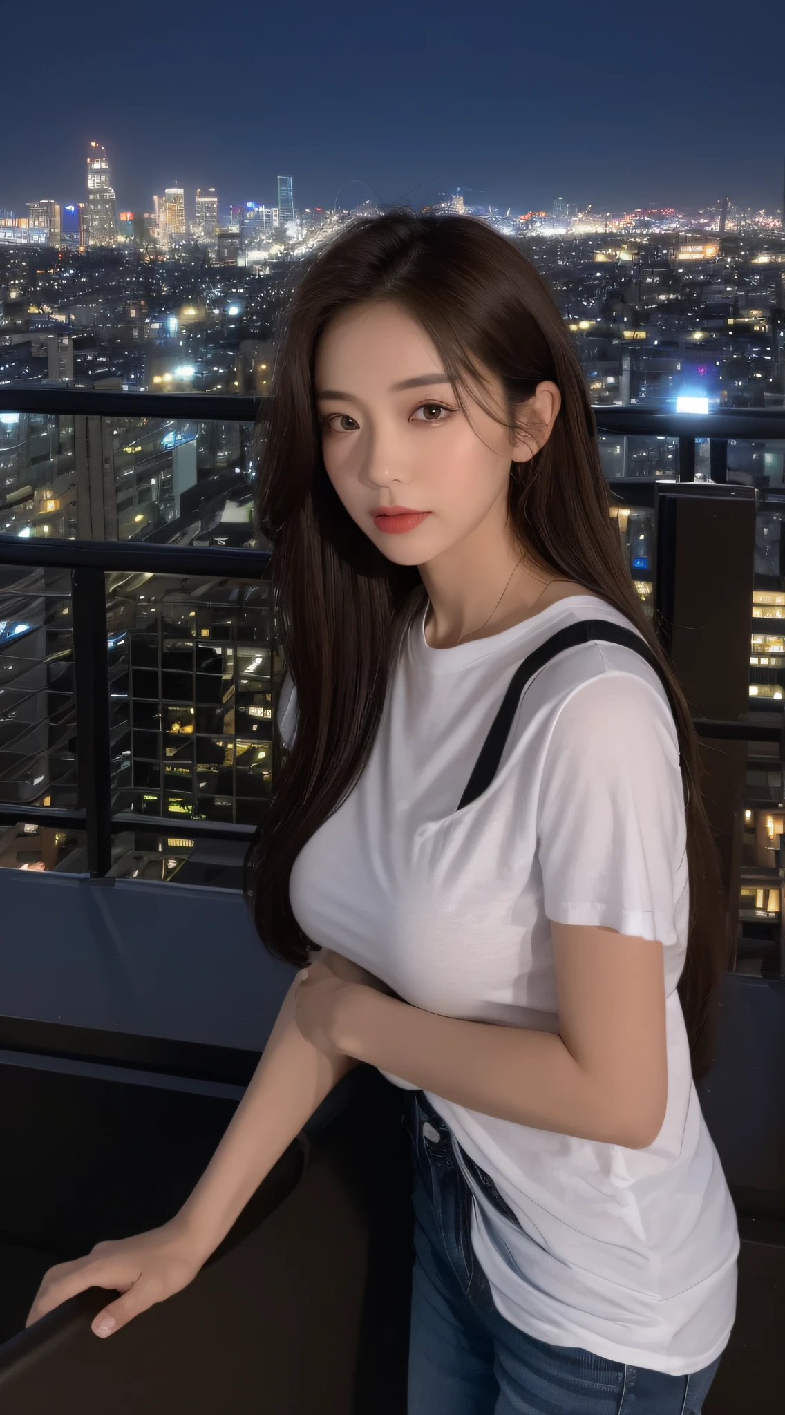 ((Midnight, Best quality, 8k, Masterpiece :1.3)), Whole body, Long legs, Sharp focus :1.2, A pretty woman with perfect figure :1.4, Slender abs :1.1, ((Dark brown hair, Big breasts :1.2)), (White tight tshirt, Jean bib, Standing:1.2), ((Night city view, Rooftop:1.3)), Highly detailed face and skin texture, Detailed eyes, Double eyelid