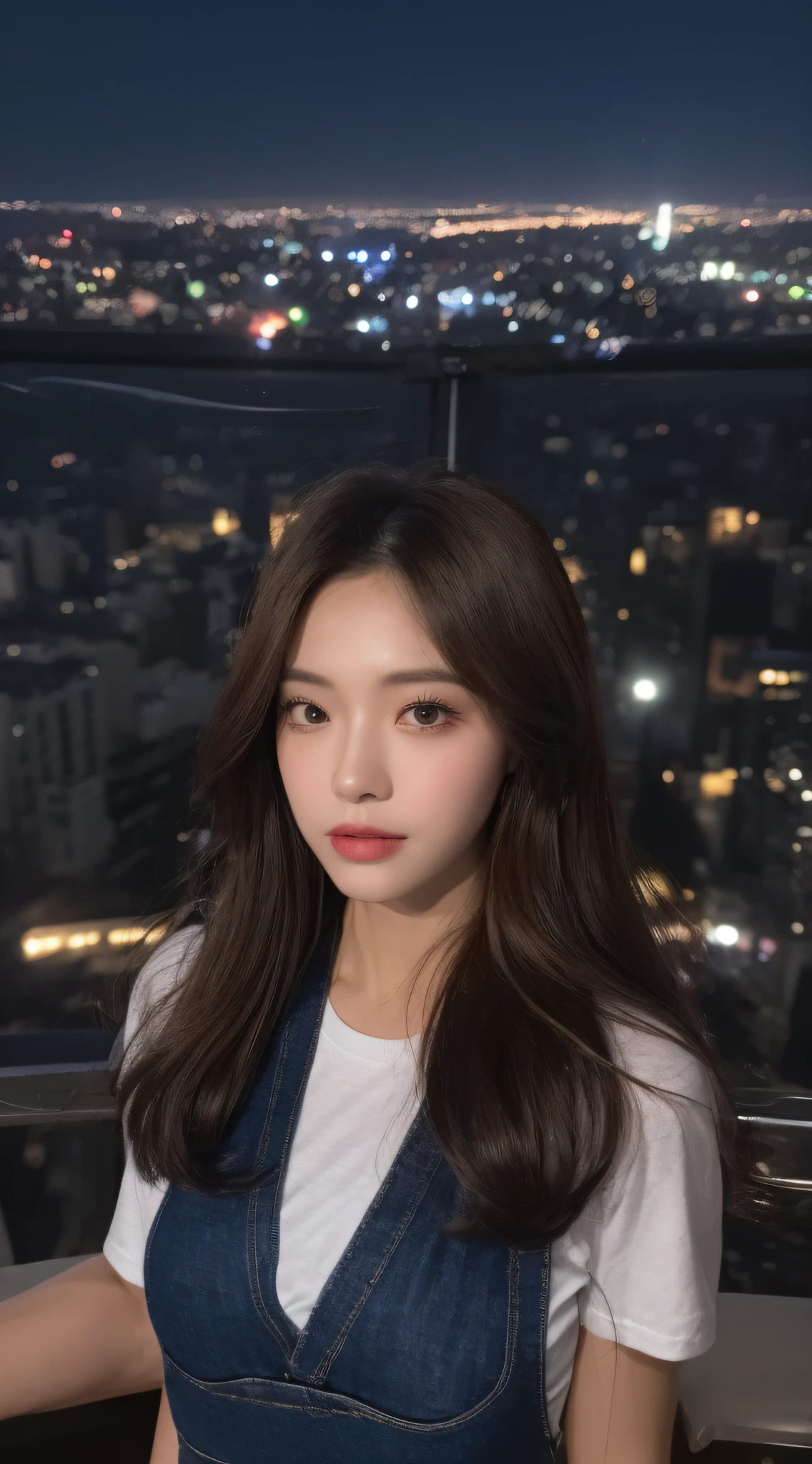 ((Midnight, Best quality, 8k, Masterpiece :1.3)), Whole body, Long legs, Sharp focus :1.2, A pretty woman with perfect figure :1.4, Slender abs :1.1, ((Dark brown hair, Big breasts :1.2)), (White tight tshirt, Jean bib, Standing:1.2), ((Night city view, Rooftop:1.3)), Highly detailed face and skin texture, Detailed eyes, Double eyelid