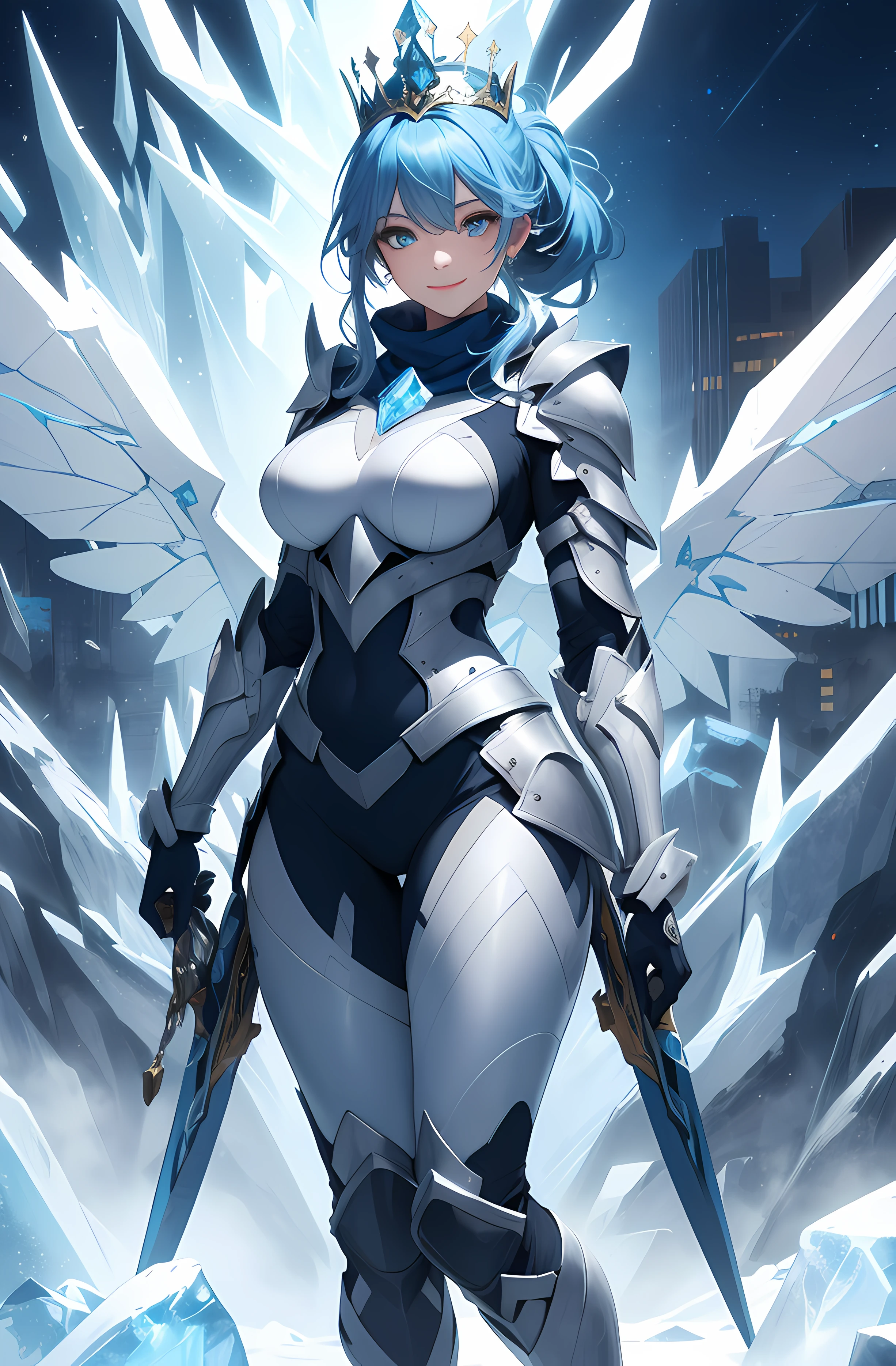 A beautiful Women, absurdres, ((full body armor, shining armor, knight leg armor, boot armor, Ice knight )), ((holding a weapon)) , perfect body figure, blue color hair, ponytail hairstyle, ice magic, ice manipulation, frozen power, ice attacks, aura of cold, gentle expression, smile, very big breast, very big ass, age 43, middle age, photo manipulation, altered realities, fantastical scenes, digital artistry, creative editing, evocative narratives, striking visuals , kinetic art, moving sculptures, mechanical creations, interactive installations, dynamic motion, engineering ingenuity, captivating visuals, ((Highest quality)), ((outstanding detail)), ((super high resolution: 3.5)), (fidelity: 1.4), ((best illustration, favor details, perfect detail rendering, ultra HD, masterpiece, ultra high res)), (photorealistic:1.5), raw photo, perfect brightness and darkness, light ray, perfect balance, smooth color transition, full body frame, soft blue light, white and blue color armor, ice body aura, soft blue color turtleneck cloth, Full detail armor design, crystal crown, shine eyes, blue eyes, mature, perfect color layer, pose, domineering, soft blue scarf, royalty, majestic, night, Empress, wind blowing, breeze, perfect color blur, calm, perfect lighting, white and blue color crown, blue color mantle, blue halo light, movement motion, wings made from the ice, blue and white color gown