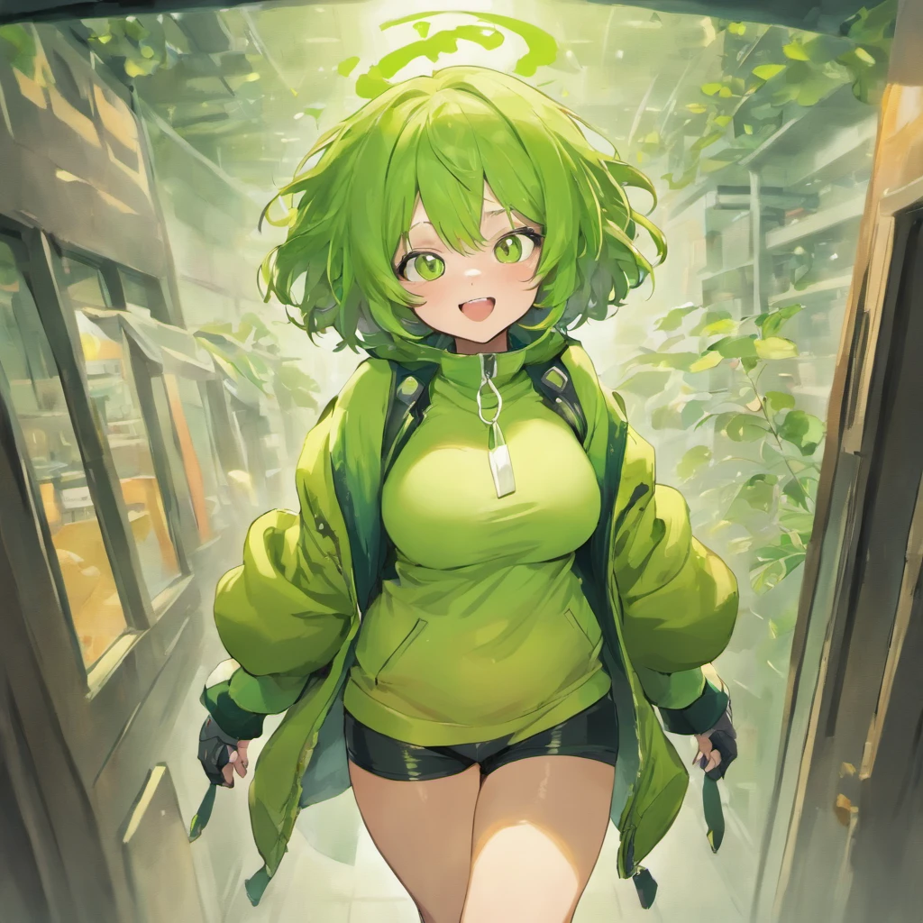 Master, high quality, best quality, beautiful, HD, perfect lighting, detailed face, detailed body, ((1girl)), ((solo)), (((chubby))), ((fat)), ((very large tummy bulge)), ((((very big belly)))), plump, belly, she has gained weight, she is bottom-heavy, medieval fantasy, fantasy village, short pink hair, (fluffy hair), blue eye, confident smile, smug, green jacket, grey shorts, transparent thigh highs, brown boots, grey finger-less gloves, headphones around the neck, green beanie, glasses, white t shirt, modern house, inside, kitchen, choker, ((burping)), ((green burp gas cloud)),