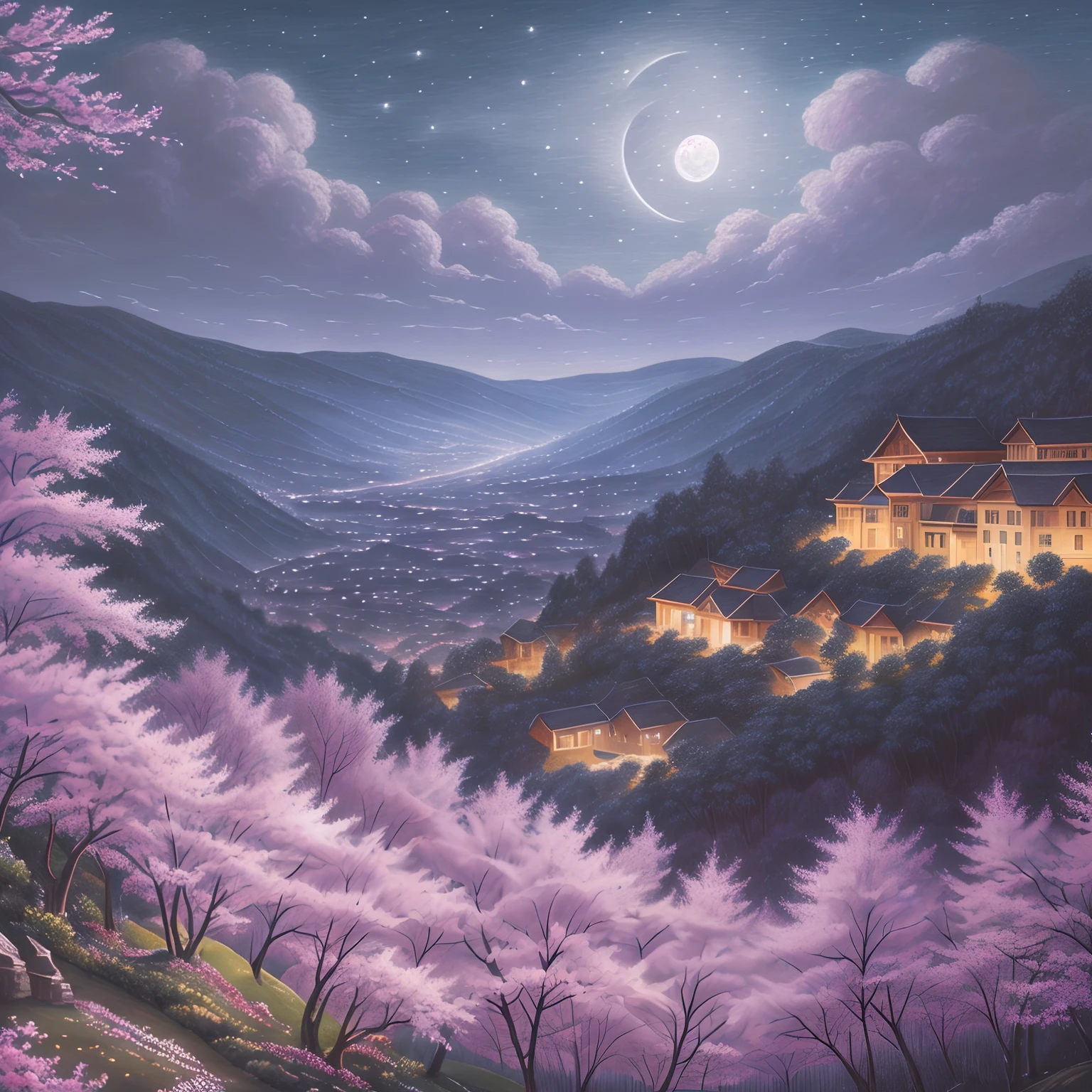 super high image, super detail, super high resolution, midnight, many lilies and cherry blossoms illuminated by moonlight on the hill of the town, landscape painting, pencil drawing art, delicate and detailed composition, professional lighting