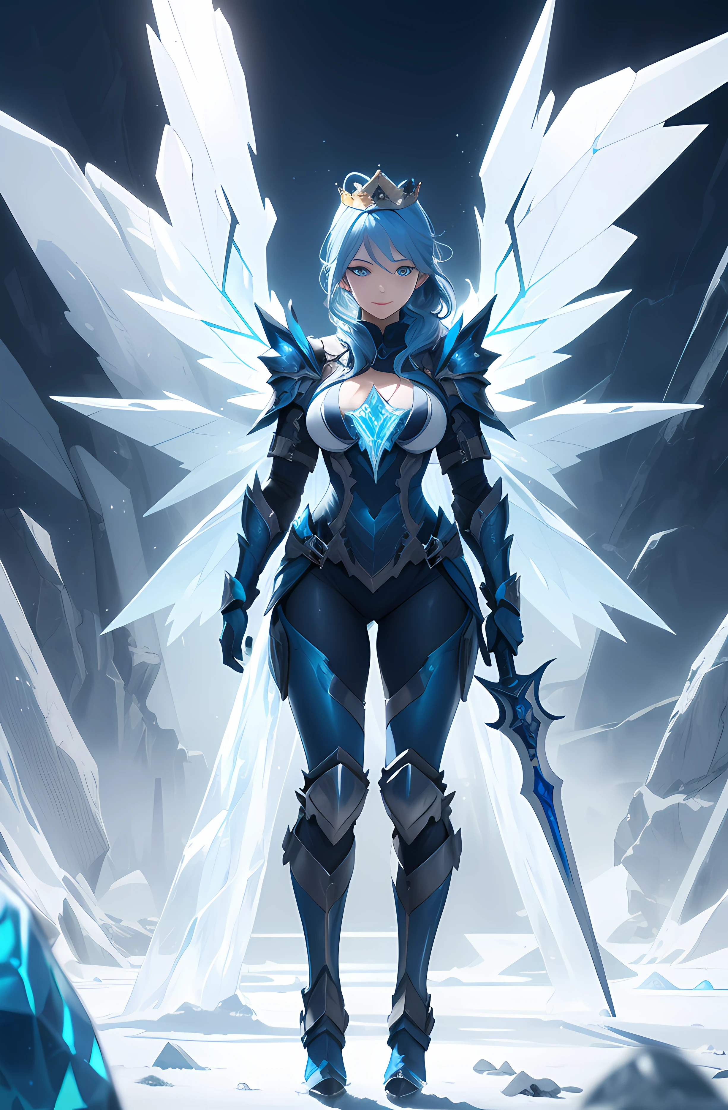 A beautiful Women, absurdres, ((full body armor, shining armor, knight leg armor, boot armor, Ice knight )), ((holding a weapon)) , perfect body figure, blue color hair, ponytail hairstyle, ice magic, ice manipulation, frozen power, ice attacks, aura of cold, gentle expression, smile, very big breast, very big ass, age 43, middle age, photo manipulation, altered realities, fantastical scenes, digital artistry, creative editing, evocative narratives, striking visuals , kinetic art, moving sculptures, mechanical creations, interactive installations, dynamic motion, engineering ingenuity, captivating visuals, ((Highest quality)), ((outstanding detail)), ((super high resolution: 3.5)), (fidelity: 1.4), ((best illustration, favor details, perfect detail rendering, ultra HD, masterpiece, ultra high res)), (photorealistic:1.5), raw photo, perfect brightness and darkness, light ray, perfect balance, smooth color transition, full body frame, soft blue light, white and blue color armor, ice body aura, soft blue color turtleneck cloth, Full detail armor design, crystal crown, shine eyes, blue eyes, mature, perfect color layer, pose, domineering, soft blue scarf, royalty, majestic, night, Empress, wind blowing, breeze, perfect color blur, calm, perfect lighting, white and blue color crown, blue color mantle, blue halo light, movement motion, wings made from the ice, blue and white color gown