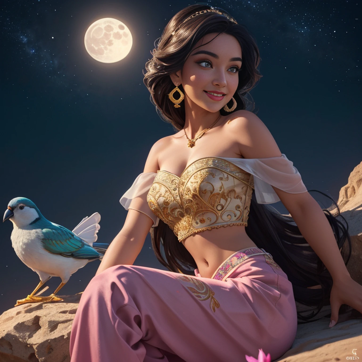 jasmine 1girl, solo, looking at viewer, smile, shirt, bare shoulders, jewelry, sitting, full body, flower, earrings, pants, off shoulder, crop top, makeup, bird, border, moon, full moon, off-shoulder shirt (realistic:1.2), (realism), (masterpiece:1.2), (best quality), (ultra detailed), (8k, 4k, intricate),(full-body-shot:1), (85mm),light particles, lighting, (highly detailed:1.2),(detailed face:1.2), (gradients), sfw, colorful,(detailed eyes:1.2)(detailed background),detailed landscape, (dynamic angle:1.2), (dynamic pose:1.2), (rule of third_composition:1.3), (Line of action:1.2)