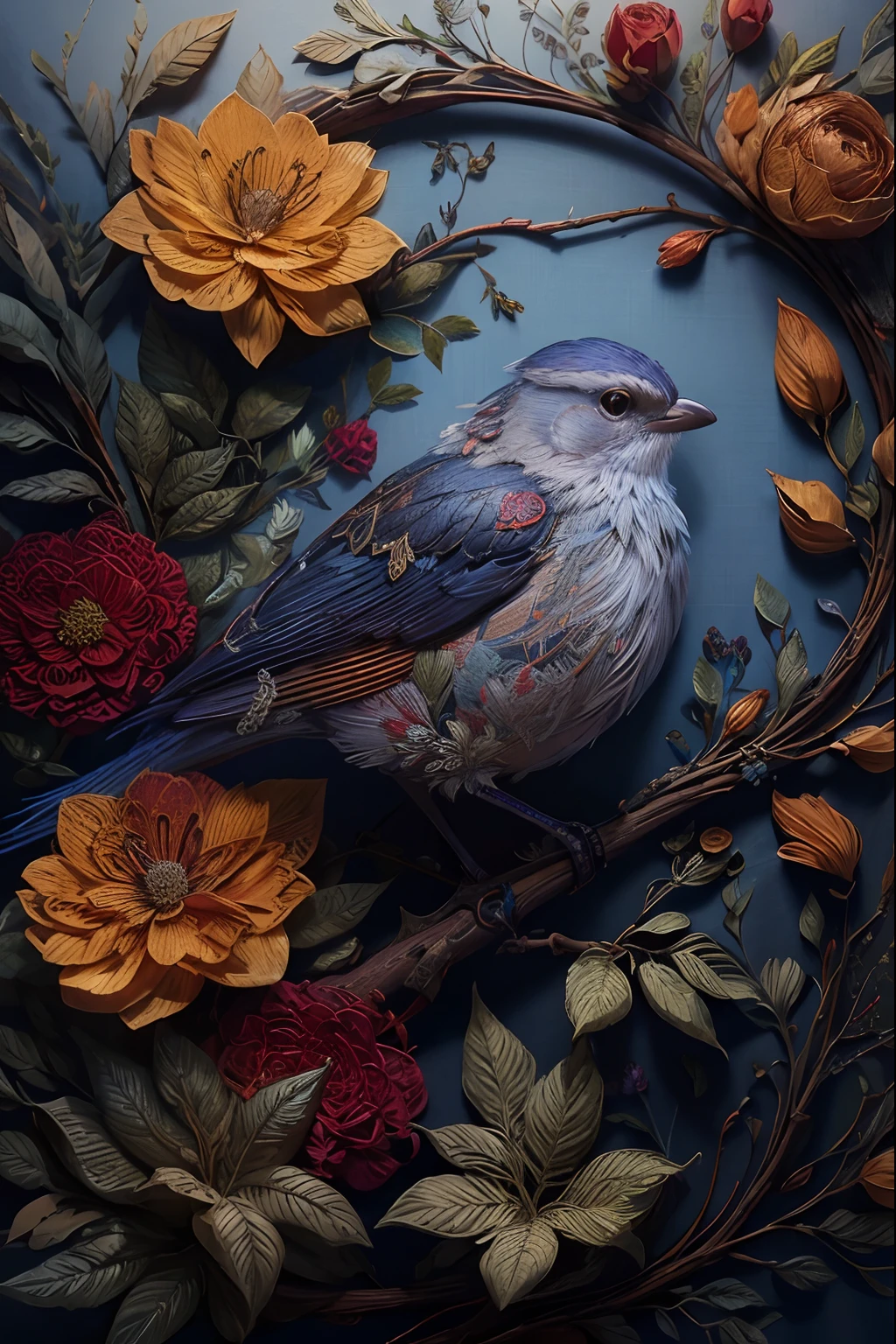 nightingale, needle point, silk tapestry, embroidery, fabric, whimsical, flower background, beautiful lighting, intricate details, Unreal Engine, creative, expressive, detailed, colorful, digital art, HW*