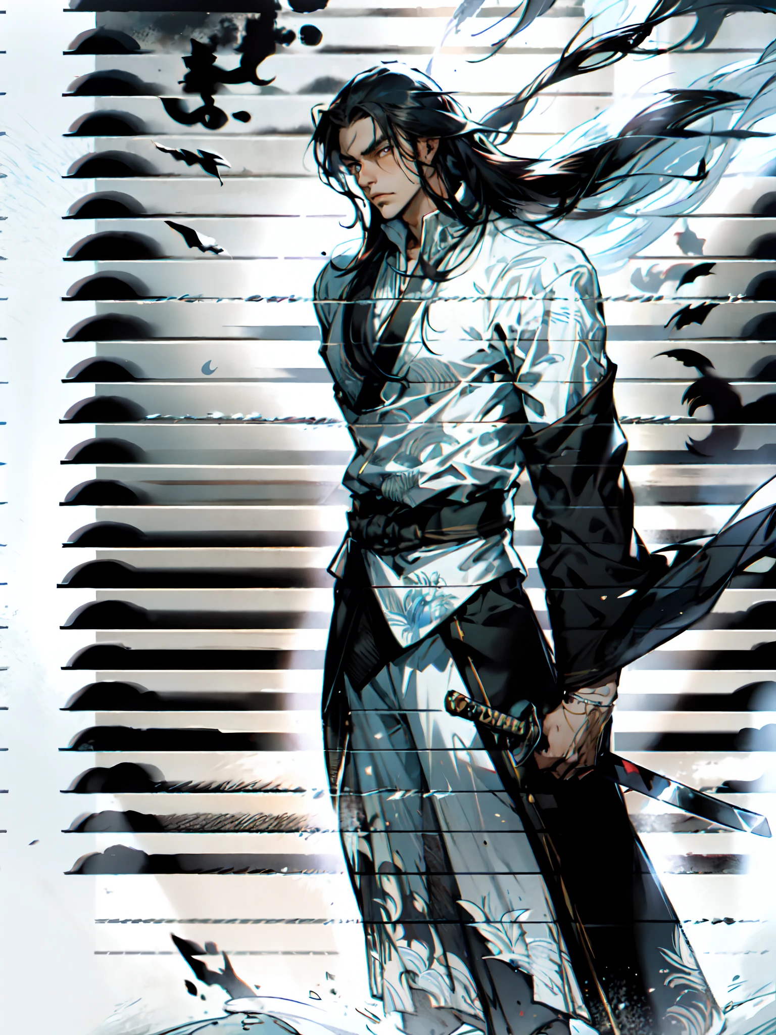 A young man with long hair, half-black and half-white long hair, hlfcol haired, black and white hair, sharp eyes, a confident expression, a heroic countenance, he wears a flowing two-piece martial arts-style robe, matching loose trousers, holding a slender sword in his left hand, the night sky, standing amidst a snowy mountain landscape, snowflakes falling all around, this character embodies a finely crafted Chinese swordsman design in anime style, characterized by a sophisticated and mature manga illustration art style, high definition, best quality, highres, ultra-detailed, ultra-fine painting, extremely delicate, professional, anatomically correct, symmetrical face, extremely detailed eyes and face, high quality eyes, creativity, RAW photo, UHD, 8k, Natural light, cinematic lighting, masterpiece:1.5