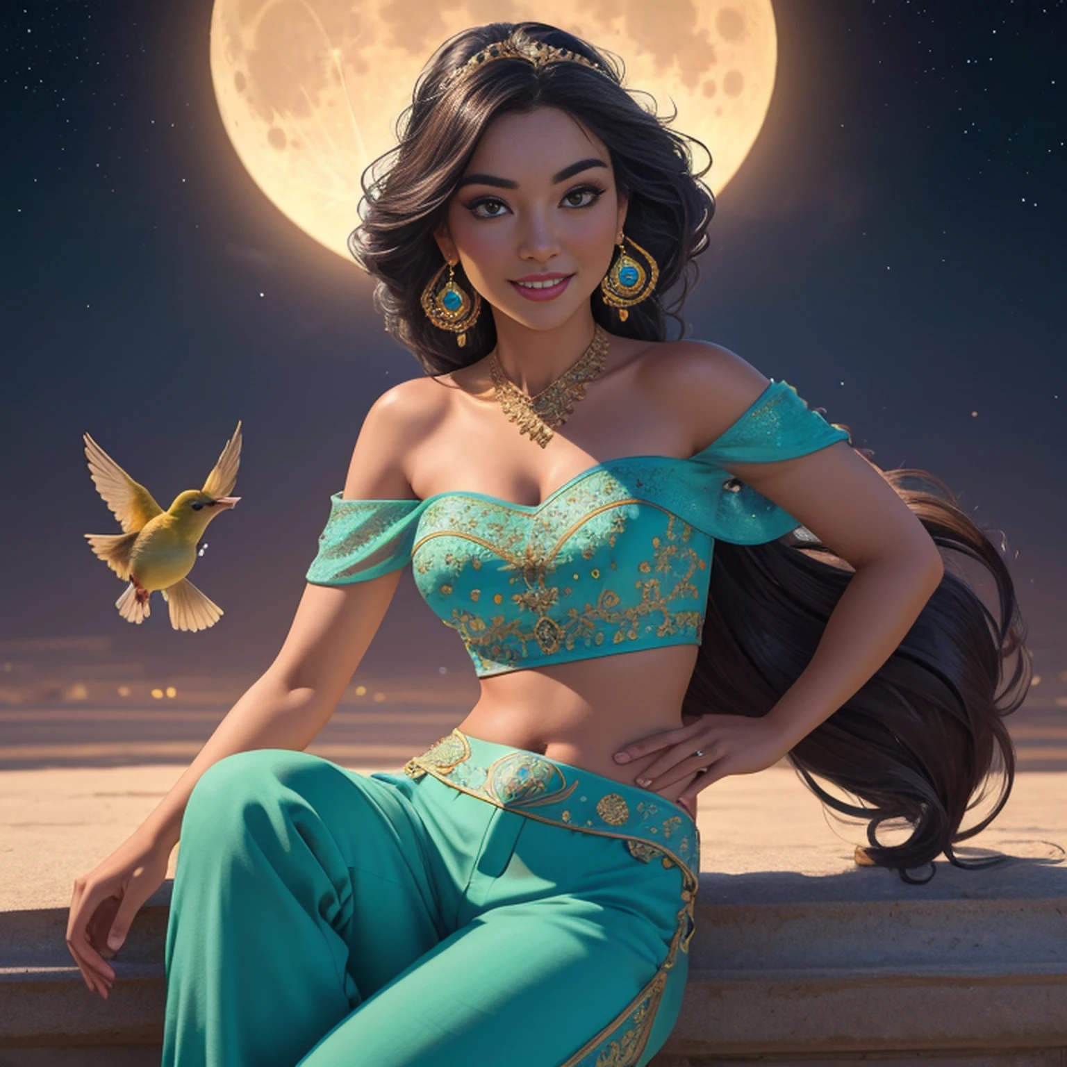 jasmine  1girl, solo, looking at viewer, smile, shirt, bare shoulders, jewelry, sitting, full body, flower, earrings, pants, off shoulder, crop top, makeup, bird, border, moon, full moon, off-shoulder shirt (realistic:1.2), (realism), (masterpiece:1.2), (best quality), (ultra detailed), (8k, 4k, intricate),(full-body-shot:1), (85mm),light particles, lighting, (highly detailed:1.2),(detailed face:1.2), (gradients), sfw, colorful,(detailed eyes:1.2)(detailed background),detailed landscape, (dynamic angle:1.2), (dynamic pose:1.2), (rule of third_composition:1.3), (Line of action:1.2)
