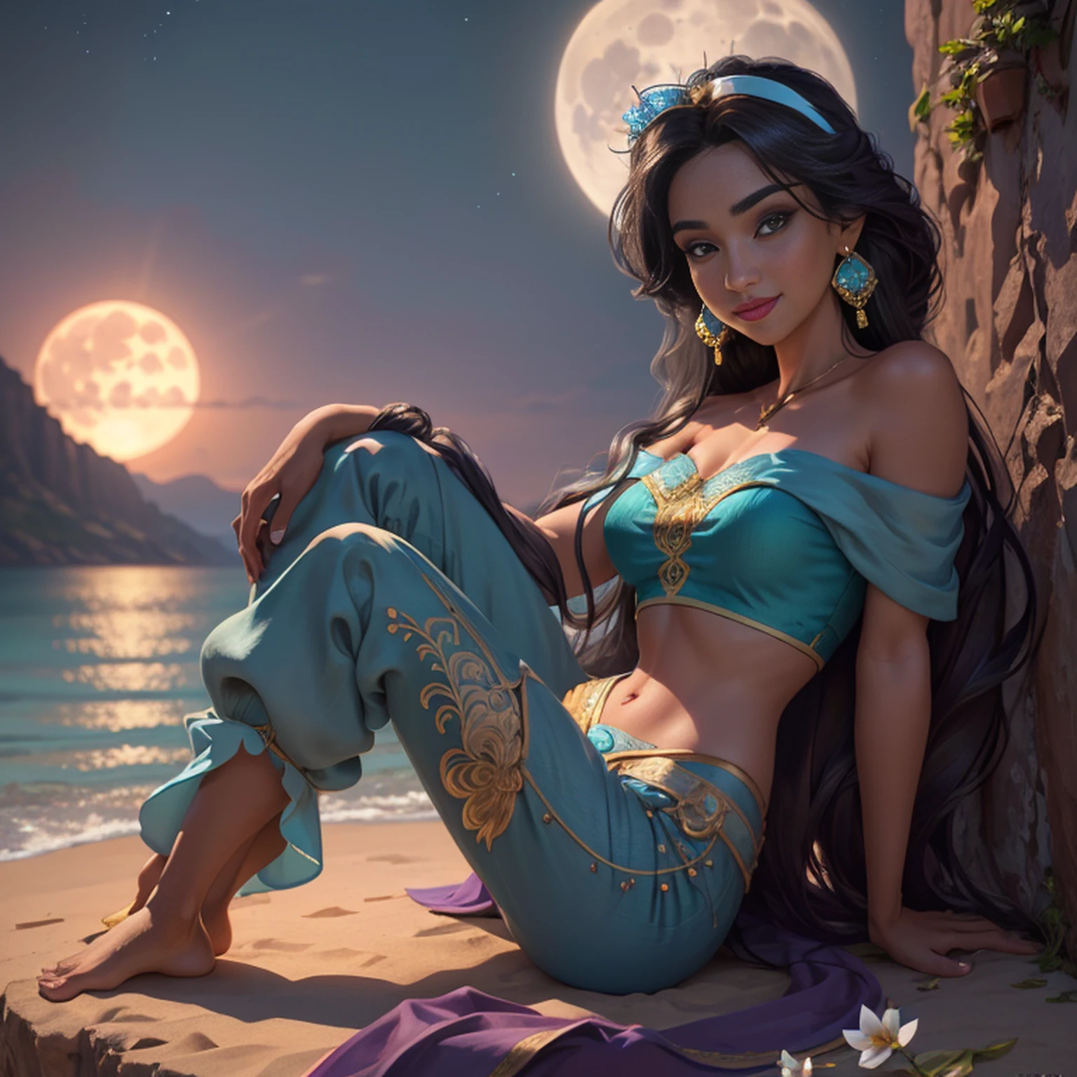 jasmine  1girl, solo, looking at viewer, smile, shirt, bare shoulders, jewelry, sitting, full body, flower, earrings, pants, off shoulder, crop top, makeup, bird, border, moon, full moon, off-shoulder shirt (realistic:1.2), (realism), (masterpiece:1.2), (best quality), (ultra detailed), (8k, 4k, intricate),(full-body-shot:1), (85mm),light particles, lighting, (highly detailed:1.2),(detailed face:1.2), (gradients), sfw, colorful,(detailed eyes:1.2)(detailed background),detailed landscape, (dynamic angle:1.2), (dynamic pose:1.2), (rule of third_composition:1.3), (Line of action:1.2)