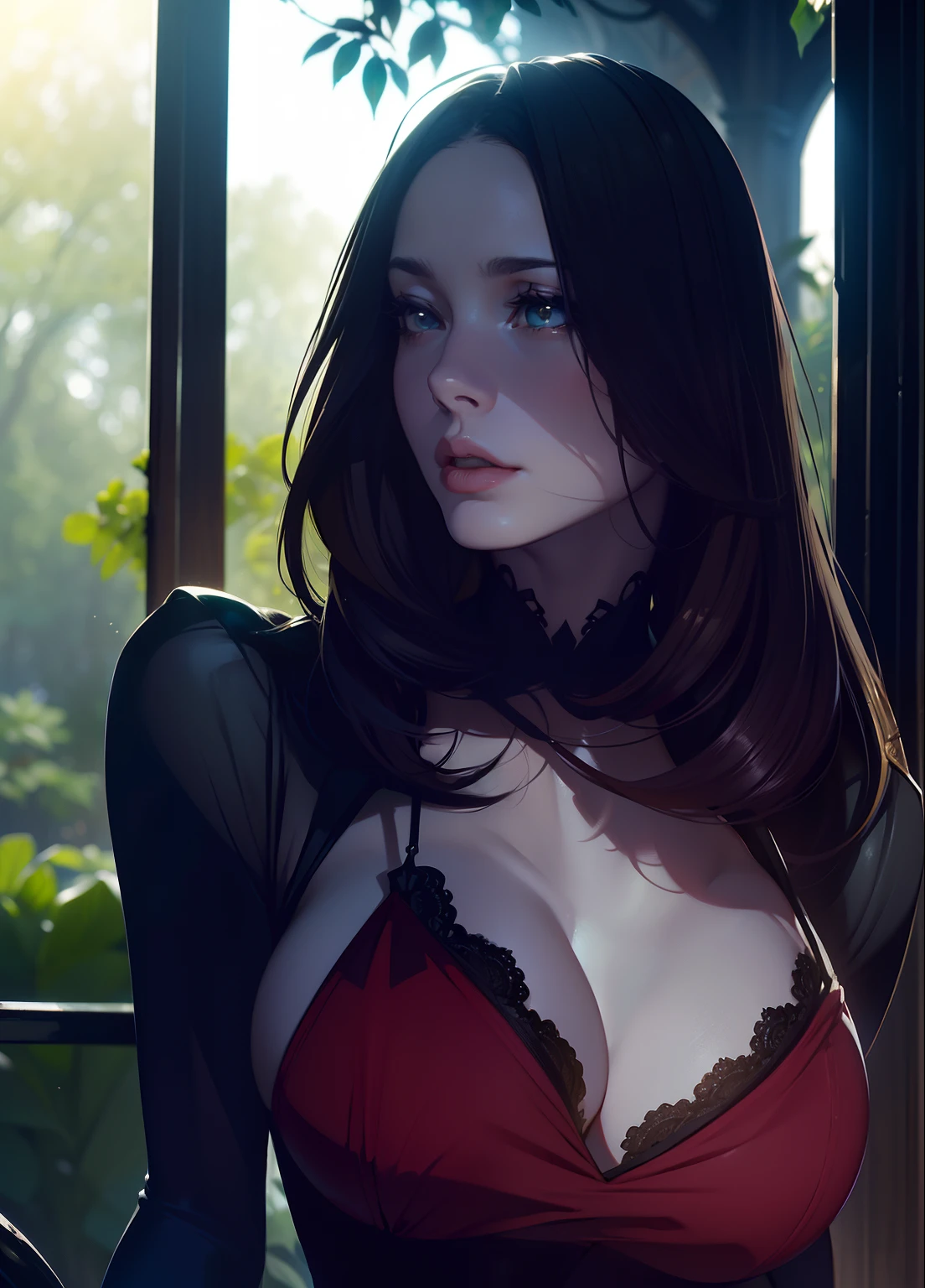 lndswgnr, (Sharp Focus: 1.5), (Sharp Focus:1.2), Photo, attractive young woman, (Beautiful face:1.1), Detailed eyes, luscious lips, (Bold red lip color:0.85), (medium breasts:1.0), (Slim body:1.2), Wearing (1980s Peplum Dresses:1.2) で (Botanical Garden:1.2). (Moody lighting:1.2), depth of fields, Bokeh, 4K, nffsw. in door (by James C. Christensen:1.2|Jeremy Lipking:1.1).