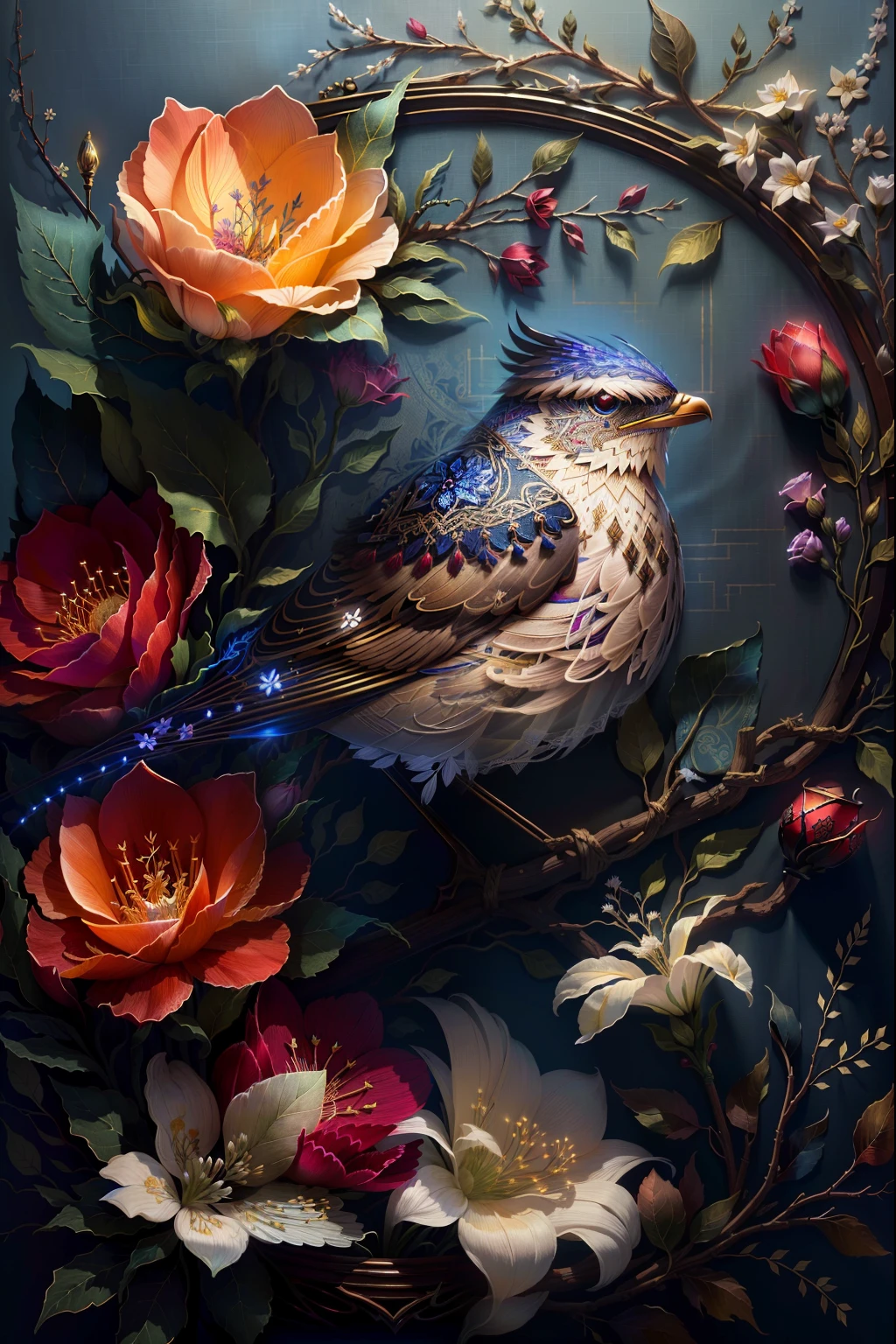 nightingale, needle point, silk tapestry, embroidery, fabric, whimsical, needle point flower background, beautiful lighting, intricate details, Unreal Engine, creative, expressive, detailed, colorful, digital art, HW*