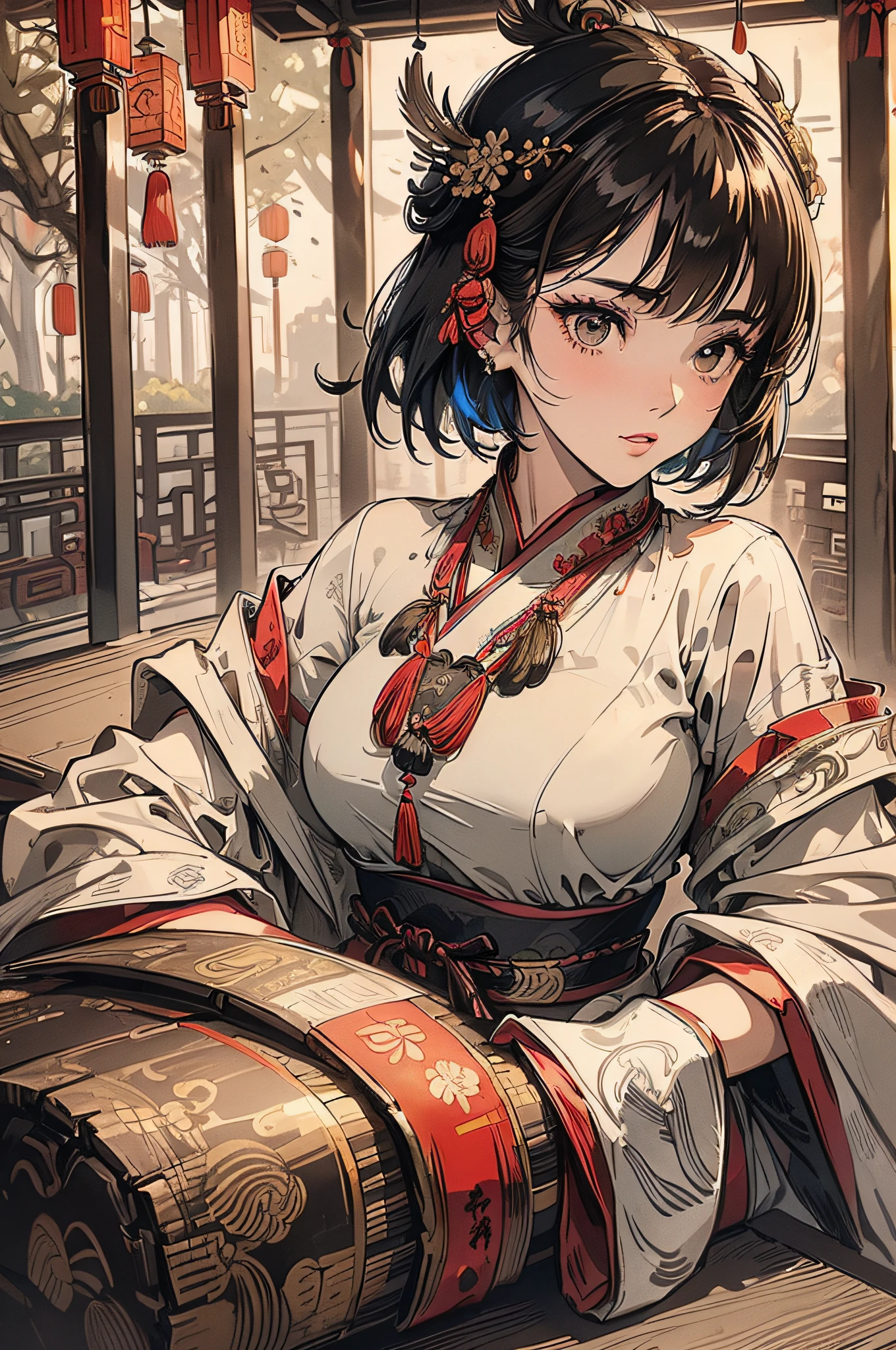 (Unbeatable masterpiece, ultra realistic 8k cg, Perfect artwork, perfect women figure,dramatic shadow,Ray tracing),
( spotlight,Perfect lighting,Detailed light,dramatic shadow,Ray tracing),
(Mature female, A MILF, An extremely delicate and beautiful:1.2),
(Seductive posture, Suggestive sexual behavior,Dressing sex),((Large breasts:1.1)),(abundance:1.3),(Short hair:1.5),
Wide hips, (wie z_swarm,ancient chinese background, The Chinese model, Shawl, plumage, Hanfu, Detailed clothes,Chinese pattern dress:1.2), (Indoors + dark vibe atmosphere + Chinese Garden + Pavilion + Peaceful + bridge + green trees),