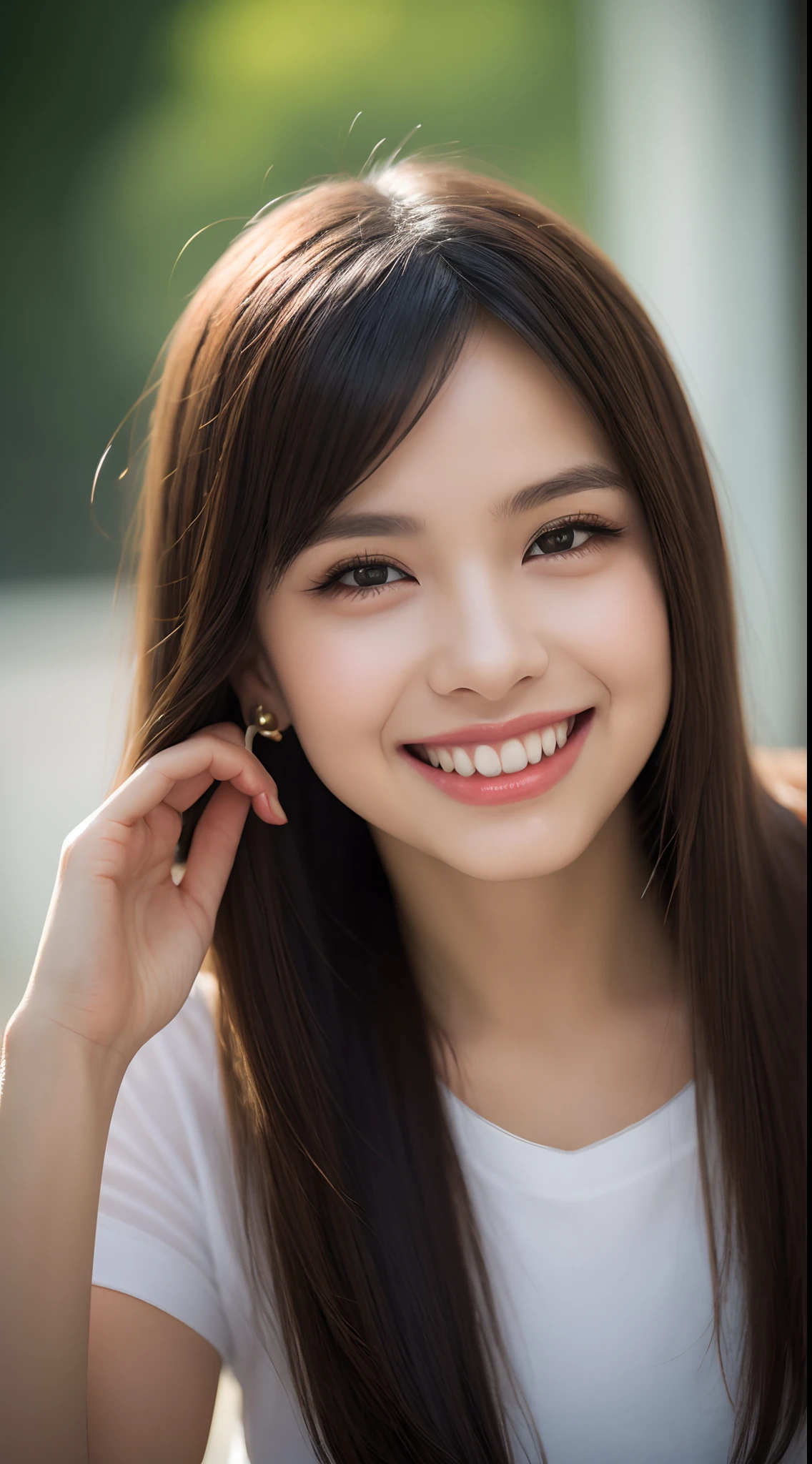 Arafed asian woman with long hair and a white shirt smiling - SeaArt AI