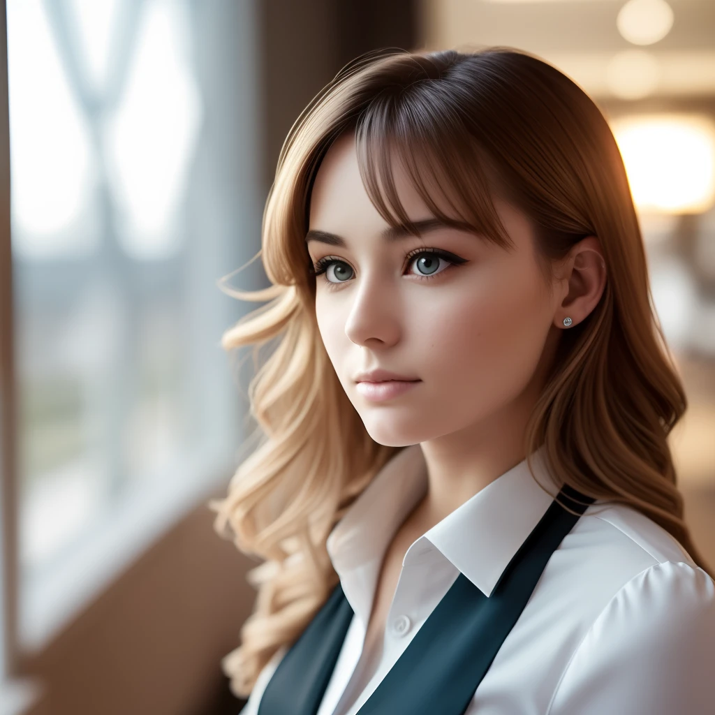 high angle kodachrome photo of a short office girl standing in a bright office near panaramic window, wearing white blouse andblack pants, top button opened, super thick highlighted hair, big round eyes, drammatic makup, arrogant look, arched back, French manicure, best quality, ultra high res, photorealistic, masterpiece, pure_eros_face, blemish, (acne:1.1), 135mm, nikkor, f2.8, bokeh --auto --s2